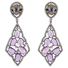 Victorian 11,03 Ct. Pendants d'oreilles en saphir violet, saphir bleu et diamants T.W 