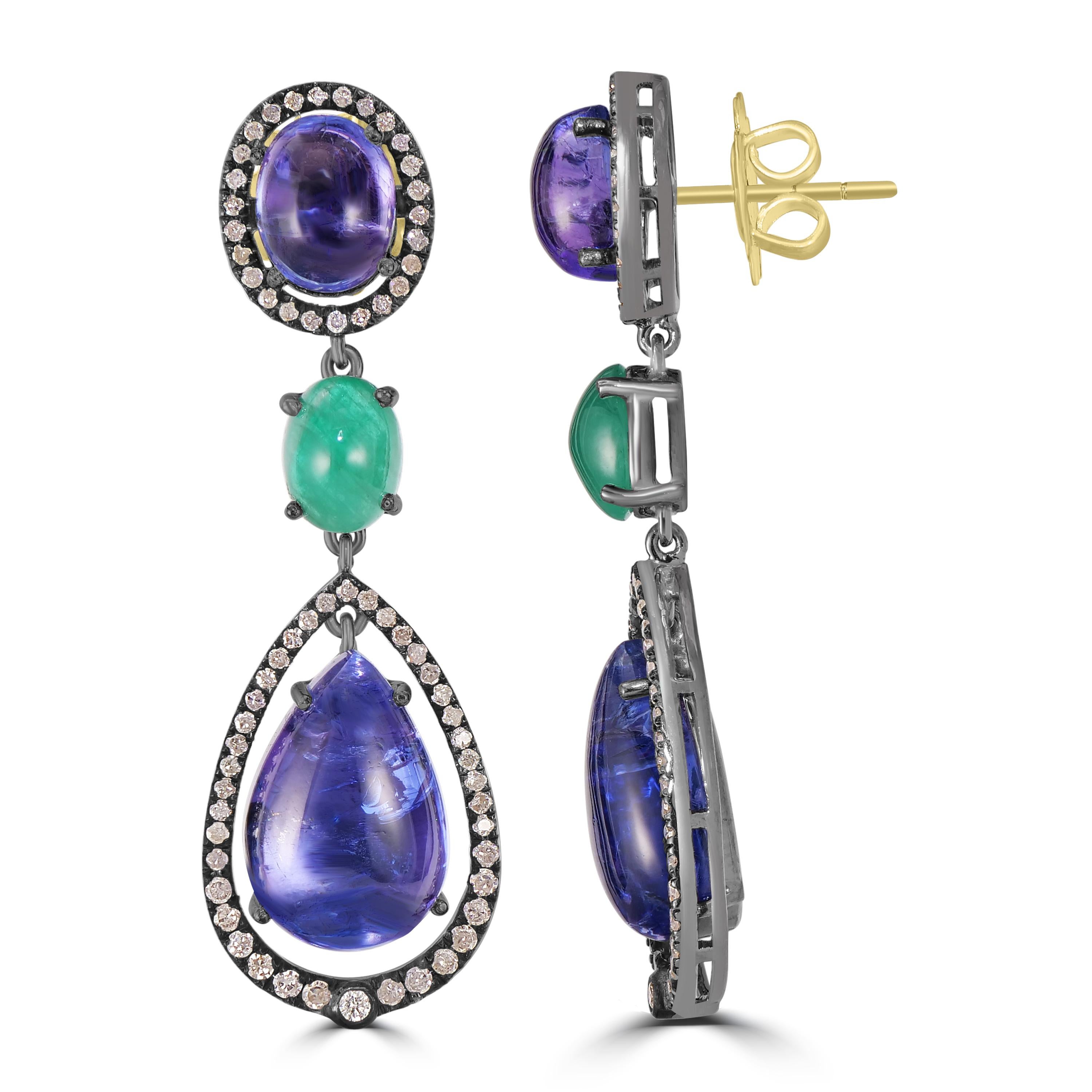 Cabochon Victorian 11.03 Cttw. Tanzanite, Emerald and Diamond Dangle Earrings  For Sale