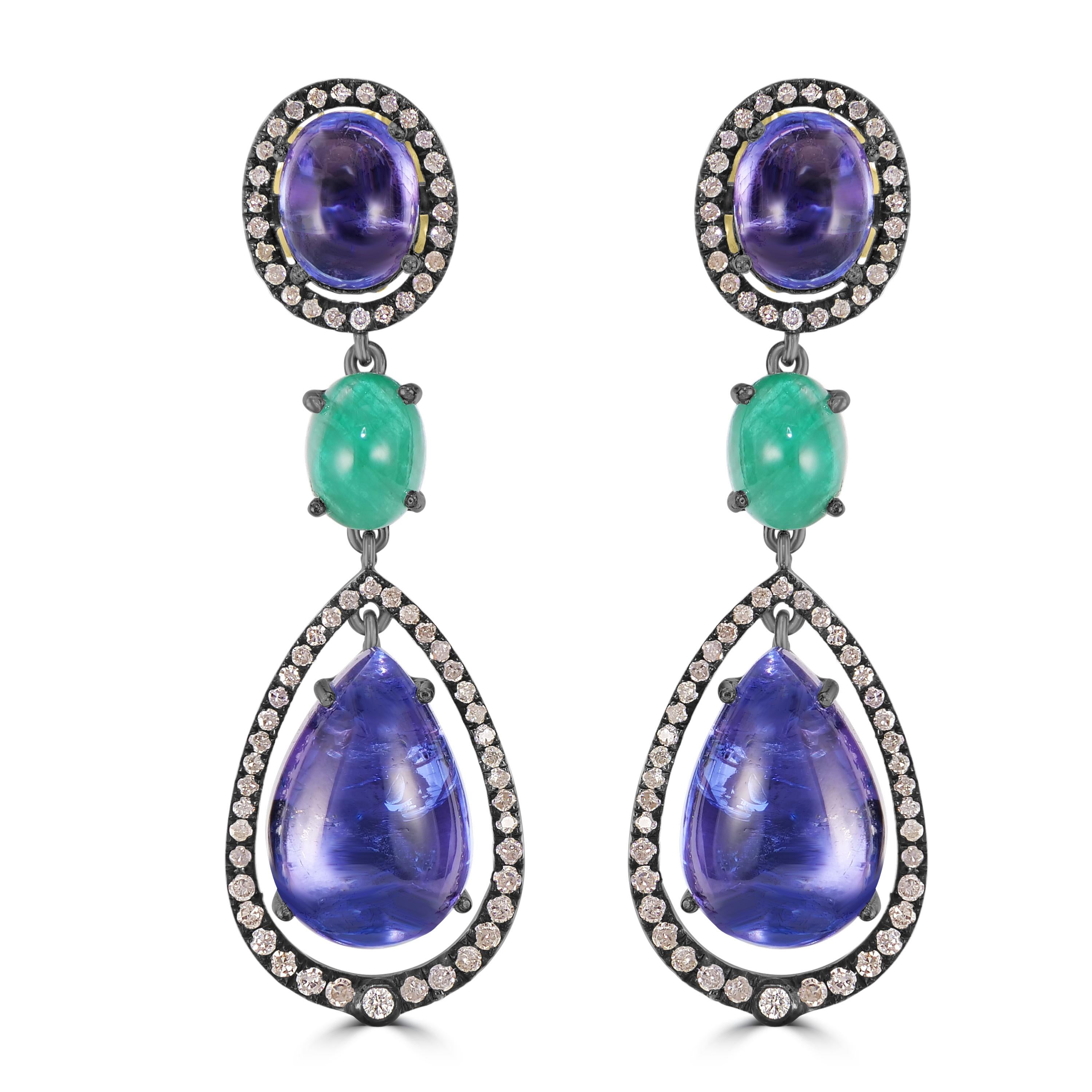Victorian 11.03 Cttw. Tanzanite, Emerald and Diamond Dangle Earrings  In New Condition For Sale In New York, NY