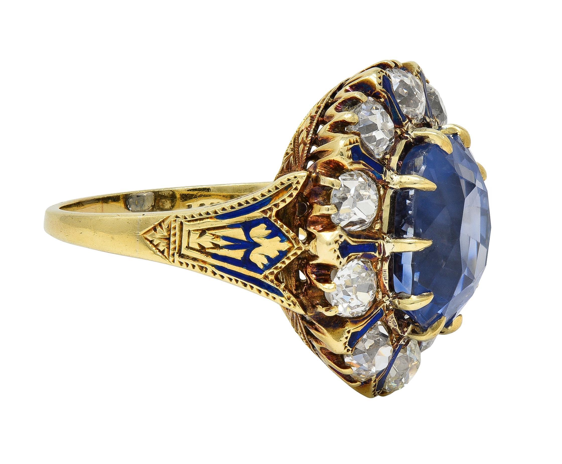 Taglio cuscino Anello antico vittoriano in oro 14K con diamante zaffiro di Ceylon senza calore da 11,06 CTW in vendita