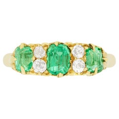 Antique Victorian 1.10ct Emerald and Diamond Carved Shank Ring, hallmarked 1891