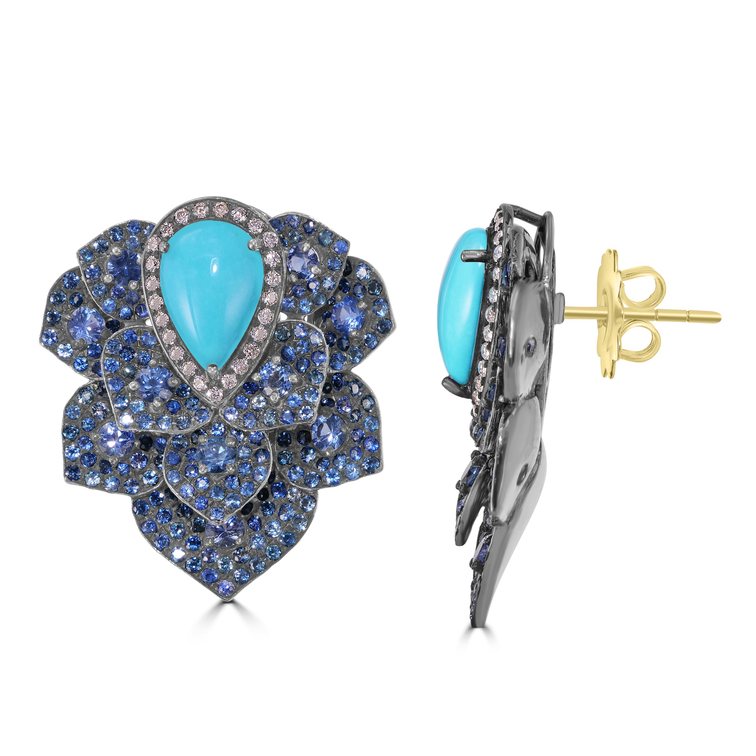 Pear Cut Victorian 11.18 Cttw. Turquoise, Blue Sapphire and Diamond Stud Earrings  For Sale