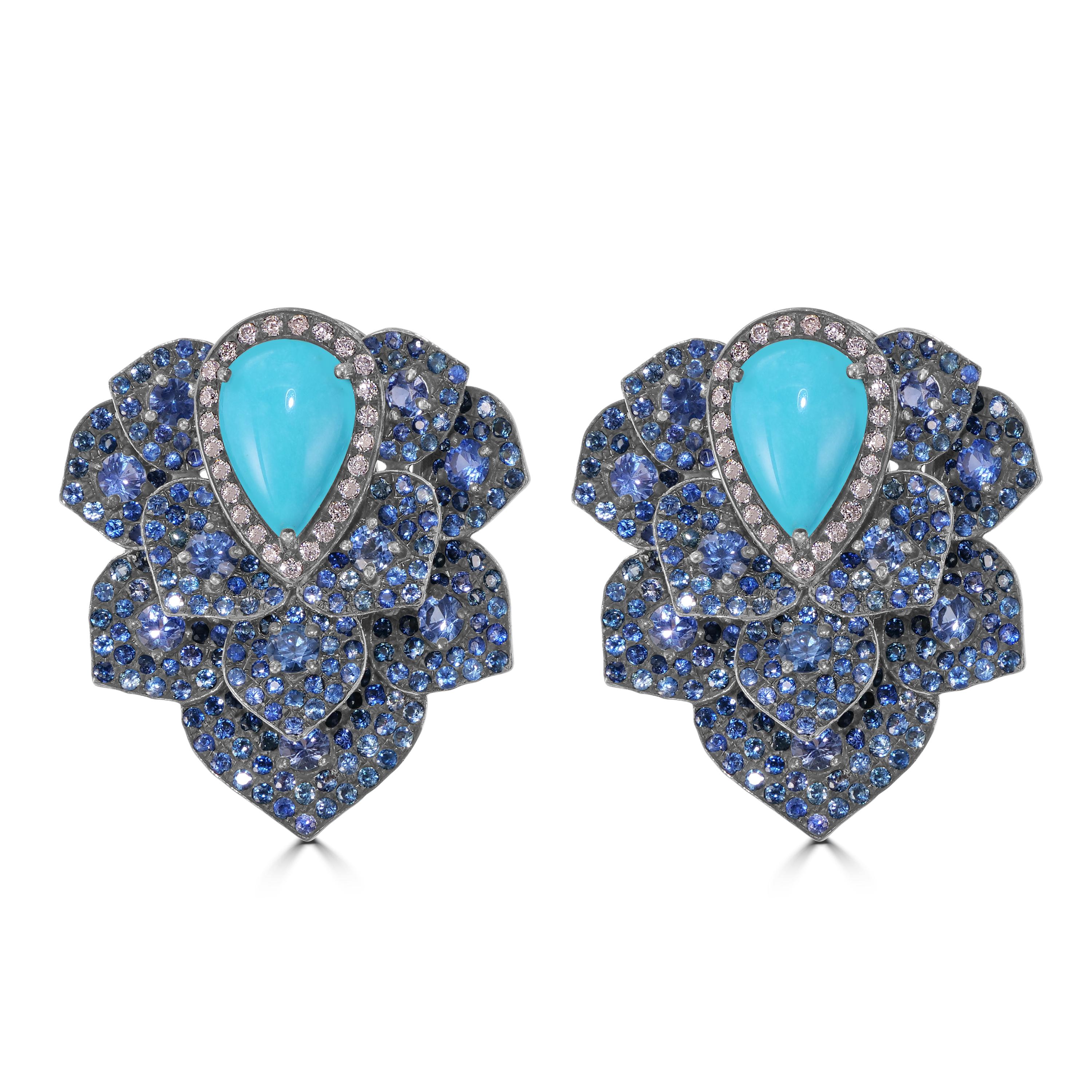 Victorian 11.18 Cttw. Turquoise, Blue Sapphire and Diamond Stud Earrings  In New Condition For Sale In New York, NY