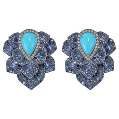 Victorian 11.18 Cttw. Turquoise, Blue Sapphire and Diamond Stud Earrings