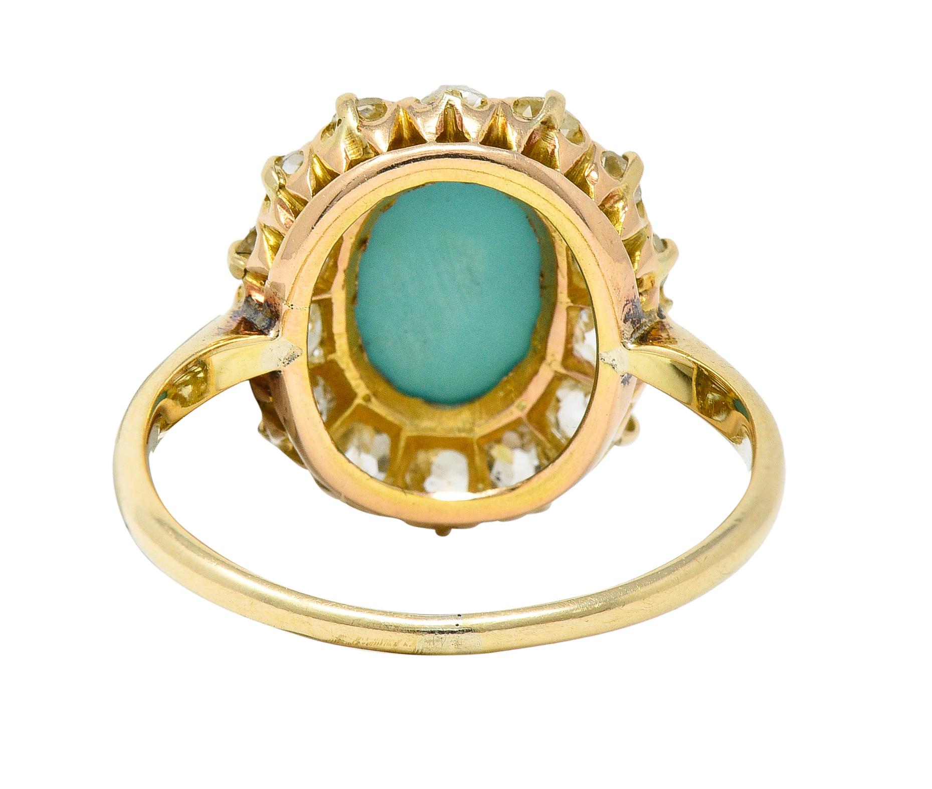 Victorian 1.12 Carats Turquoise Old Mine Cut Diamond 14 Karat Yellow Gold Ring In Excellent Condition In Philadelphia, PA