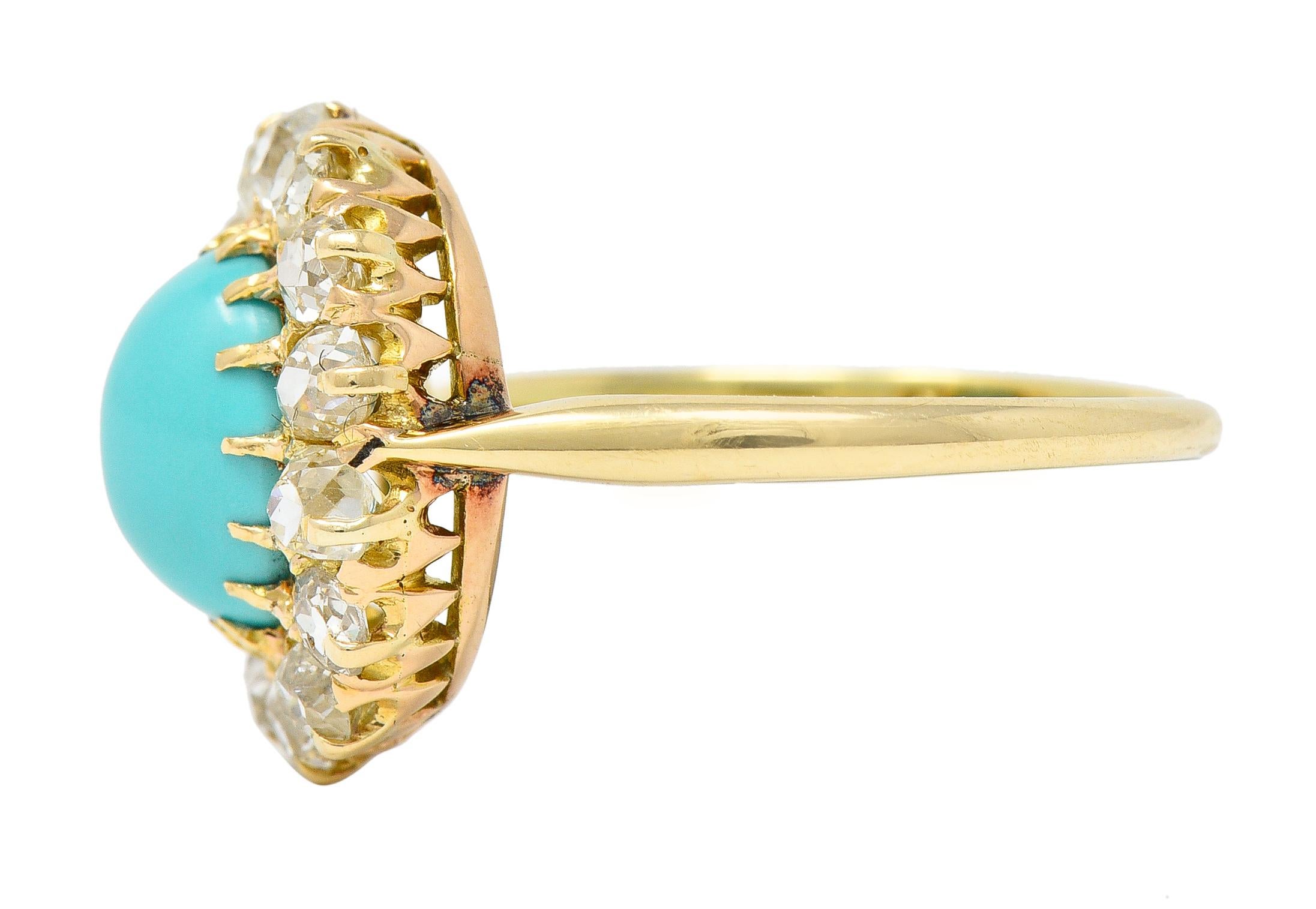 Women's or Men's Victorian 1.12 Carats Turquoise Old Mine Cut Diamond 14 Karat Yellow Gold Ring