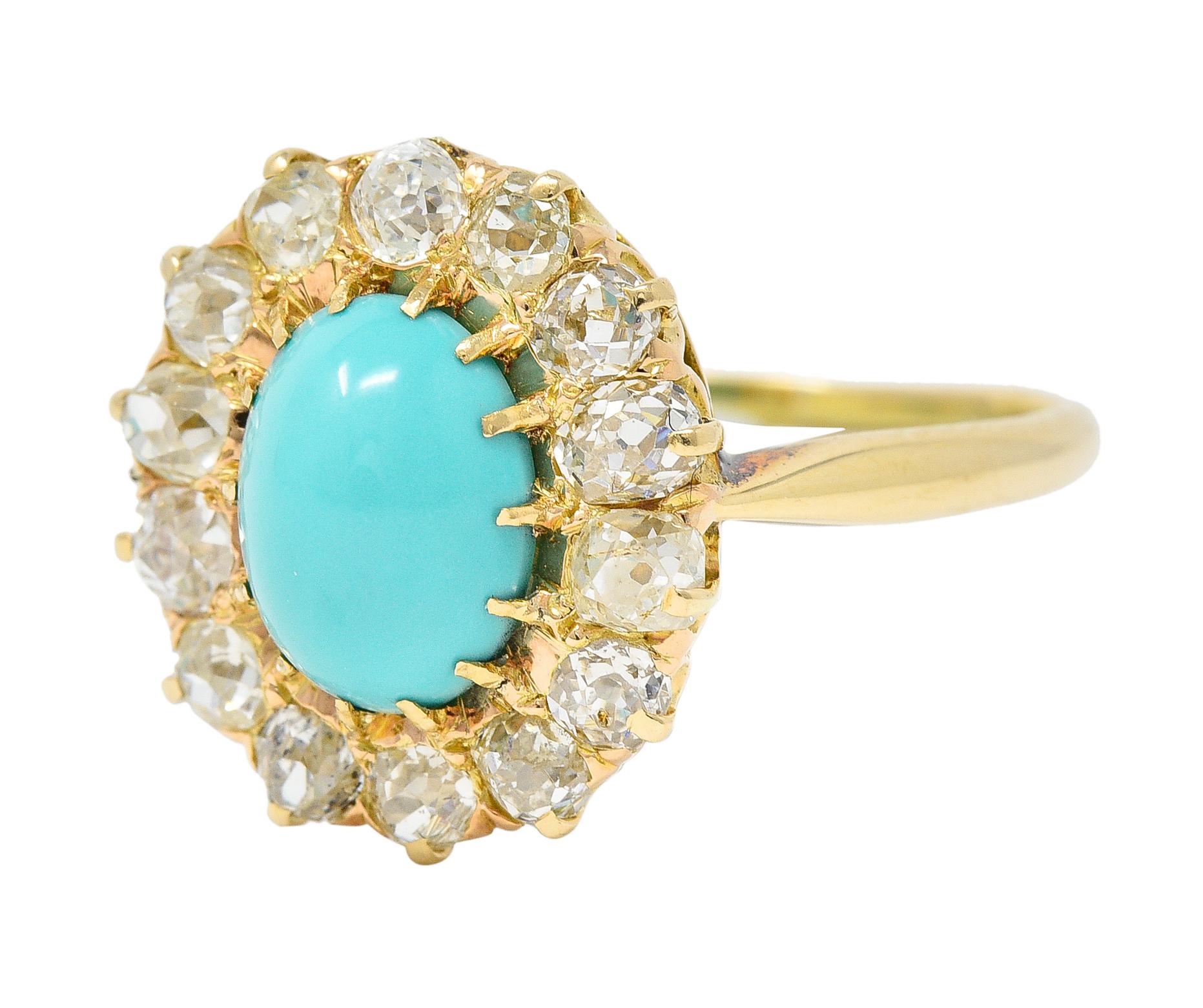 Victorian 1.12 Carats Turquoise Old Mine Cut Diamond 14 Karat Yellow Gold Ring 1