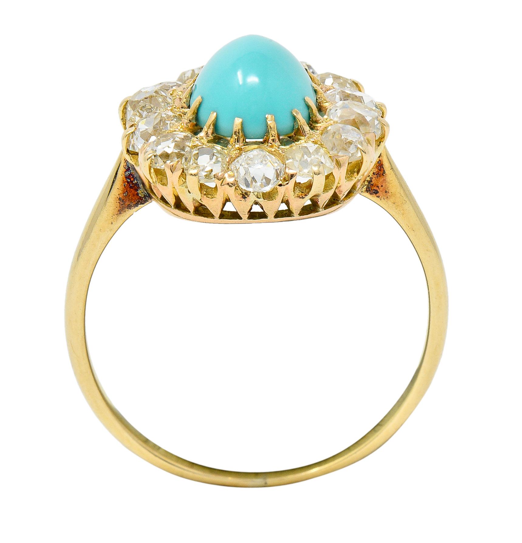 Victorian 1.12 Carats Turquoise Old Mine Cut Diamond 14 Karat Yellow Gold Ring 2