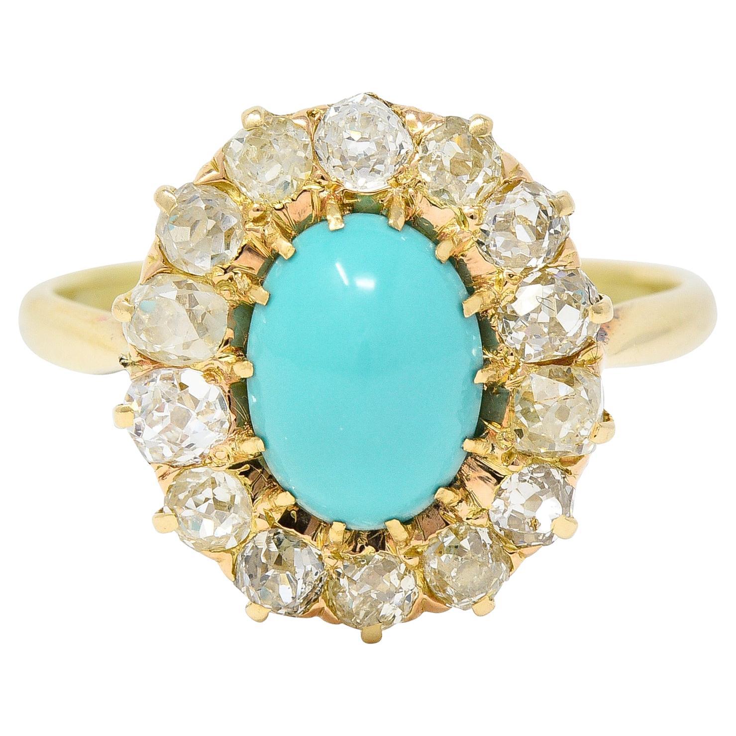 Victorian 1.12 Carats Turquoise Old Mine Cut Diamond 14 Karat Yellow Gold Ring