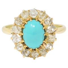 Bague victorienne en or jaune 14 carats avec turquoise de 1,12 carat et diamant taille vieille mine