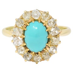 Antique Victorian 1.12 Carats Turquoise Old Mine Cut Diamond 14 Karat Yellow Gold Ring