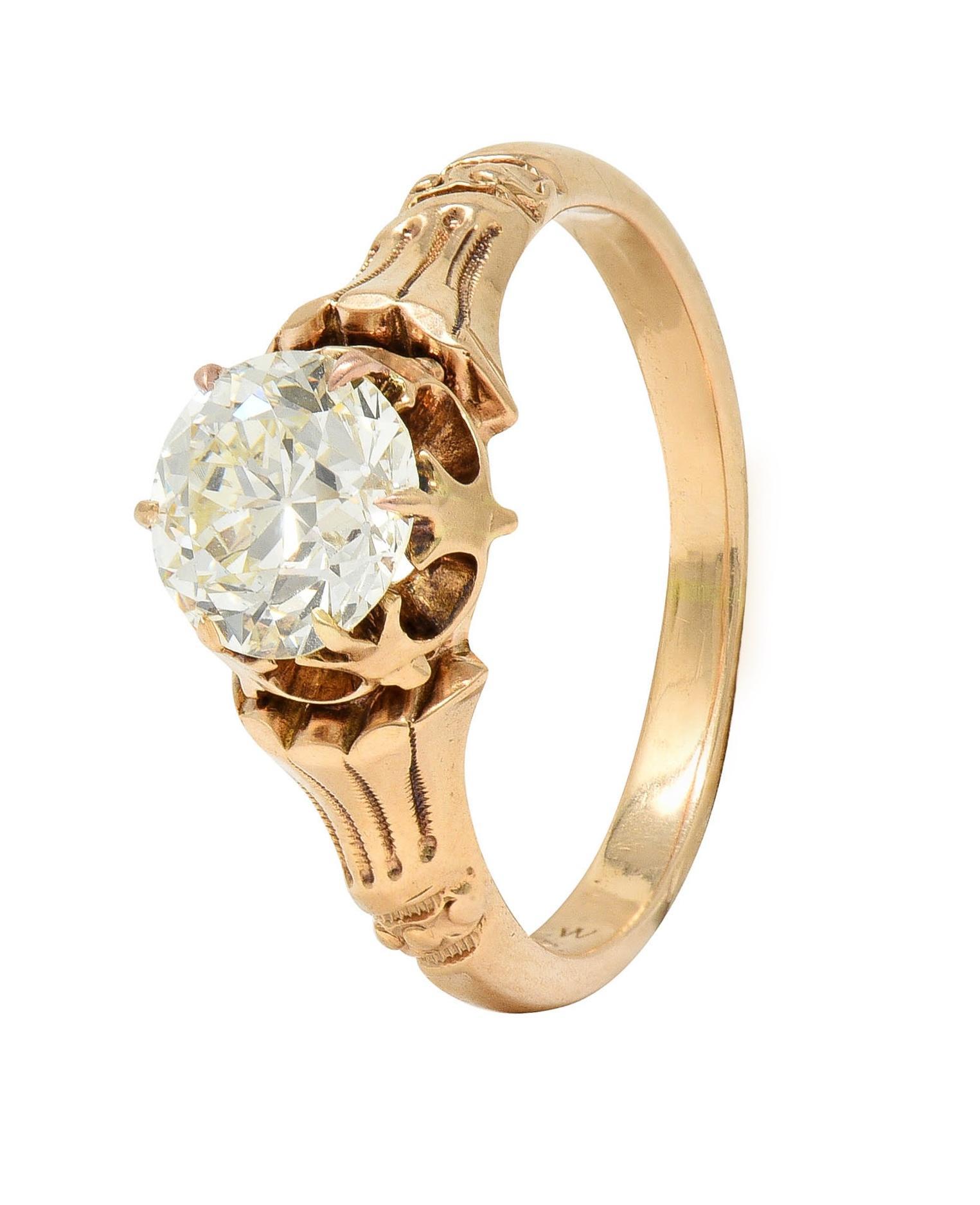 Victorian 1.12 CTW Old European Diamond 14 Karat Gold Antique Engagement Ring For Sale 5