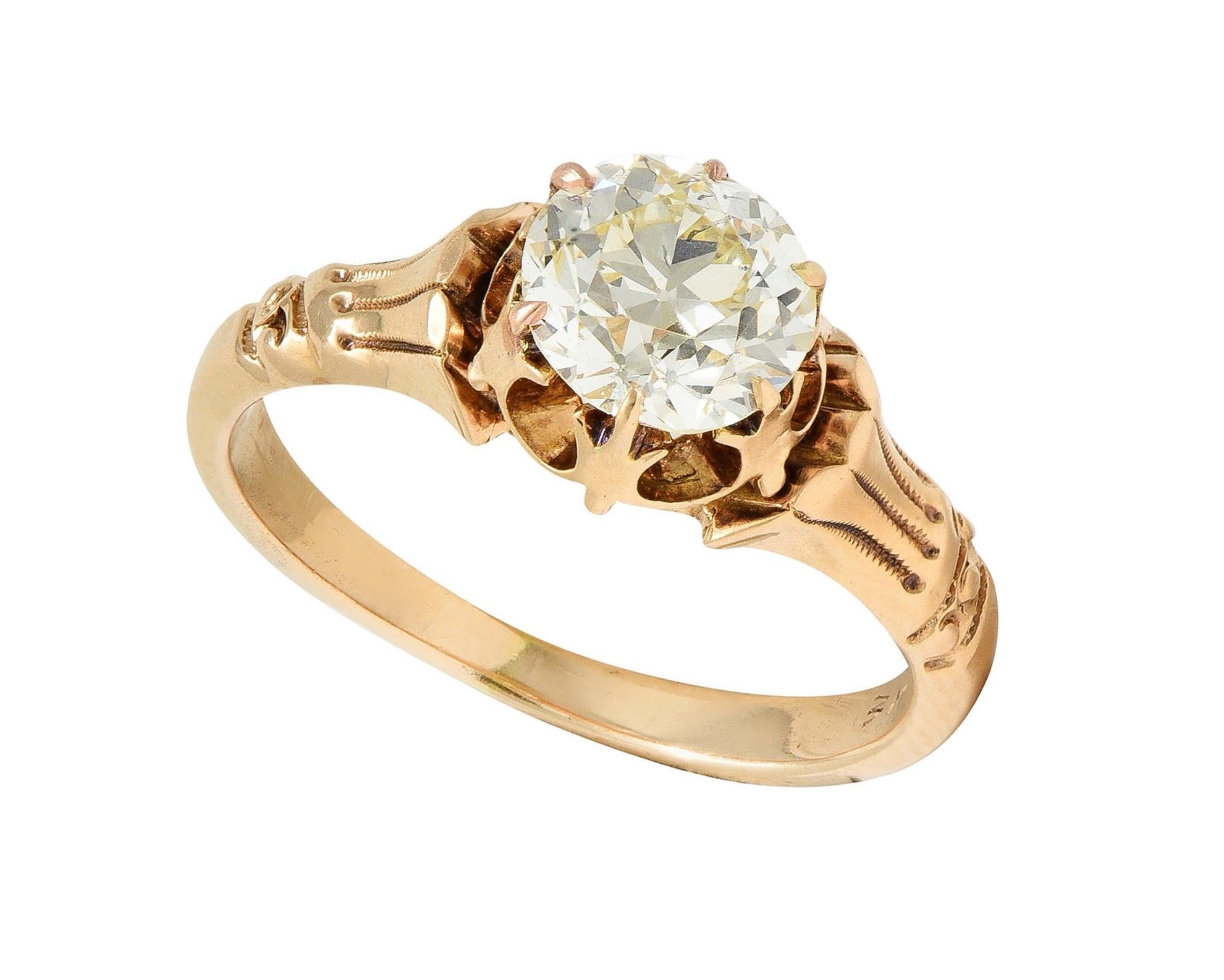 Victorian 1.12 CTW Old European Diamond 14 Karat Gold Antique Engagement Ring For Sale 2