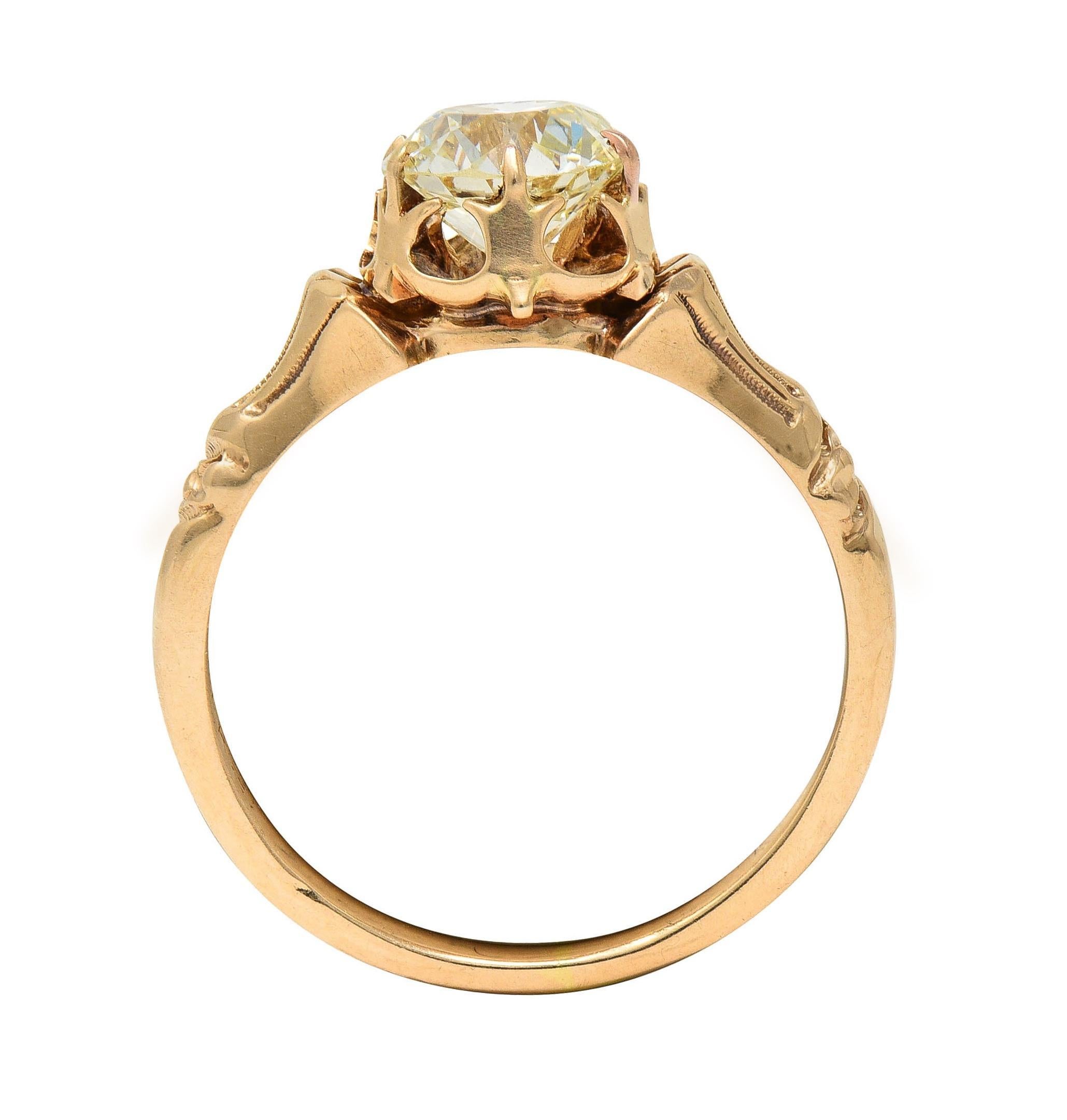 Victorian 1.12 CTW Old European Diamond 14 Karat Gold Antique Engagement Ring For Sale 3