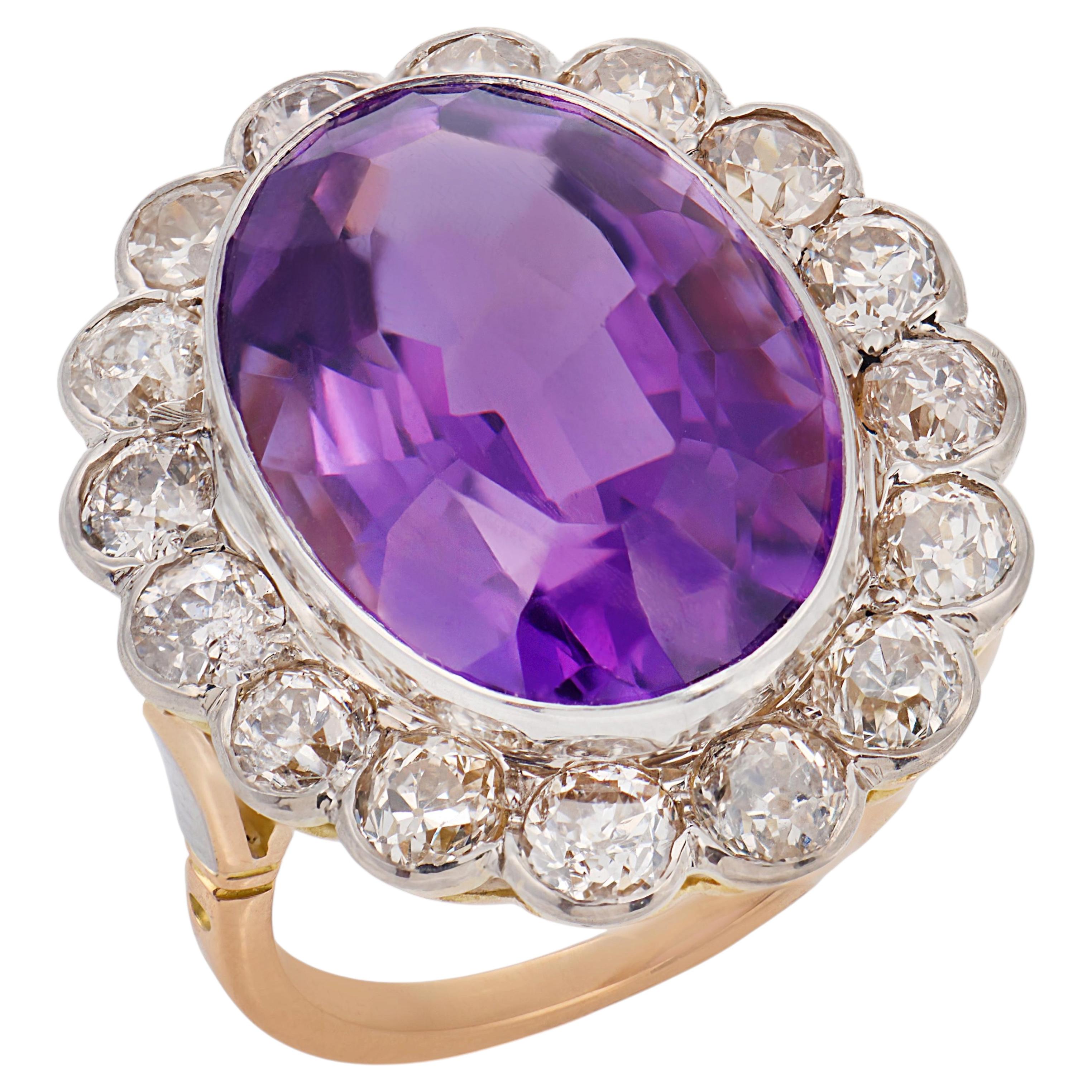 Bague victorienne en or jaune 18k avec améthyste et diamant de 11,40 carats