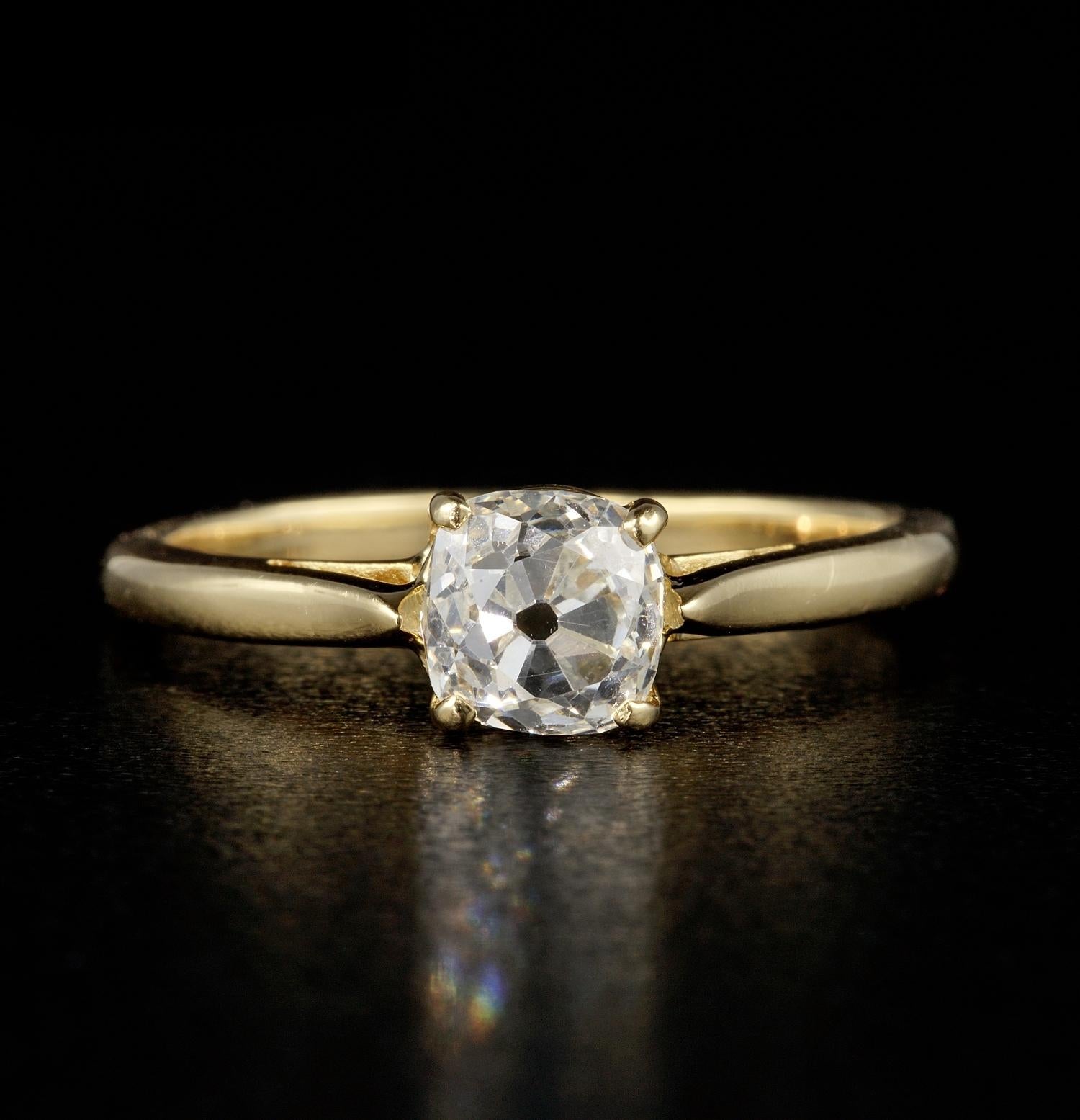 A striking authentic Victorian Diamond solitaire ring dating 1900 ca

The star is a bright white scintillating old mine Cushion cut Diamond 1.15 Ct in weight – rare grade of G H VVS – the very best in terms of colour clarity speaks for itself for