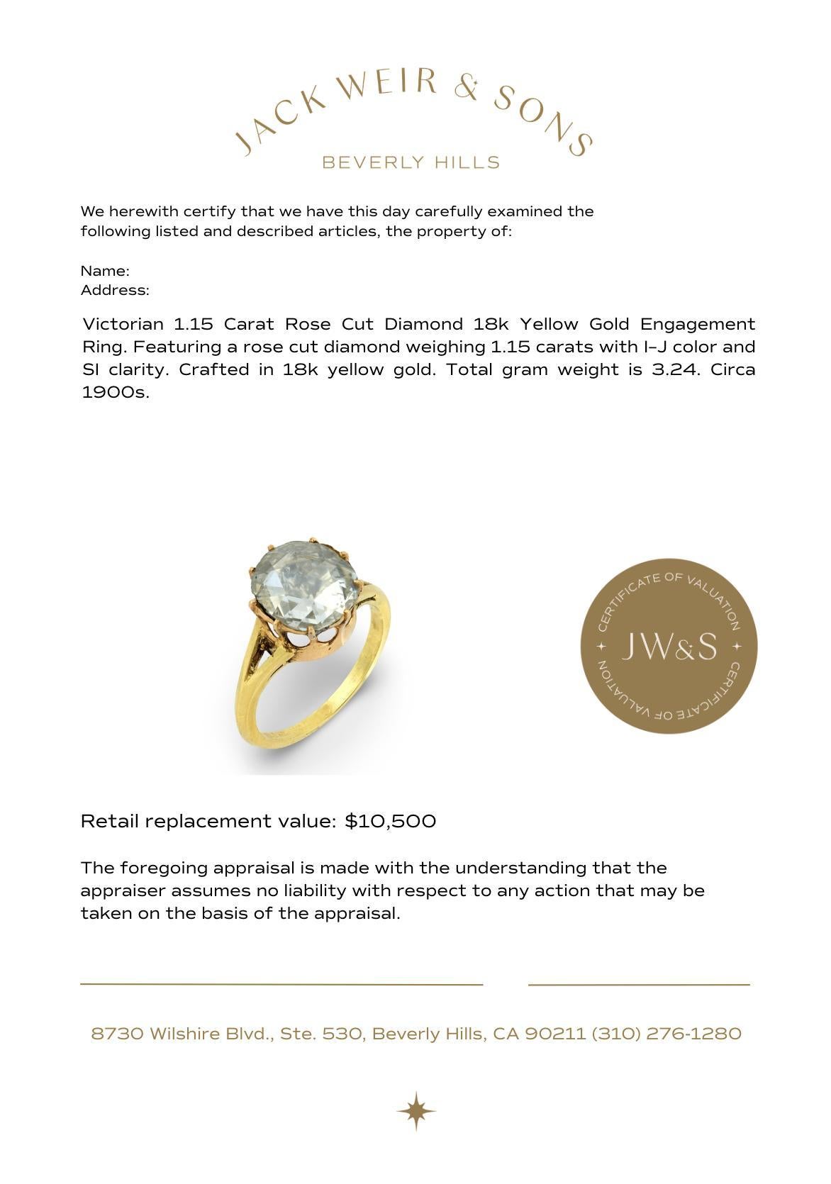 Viktorianischer Verlobungsring mit 1,15 Karat Diamant im Rosenschliff aus 18k Gelbgold im Angebot 3