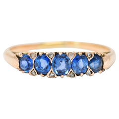 Victorian 1.15 Carats Cushion Cut Sapphire Diamond 14 Karat Gold Band Ring