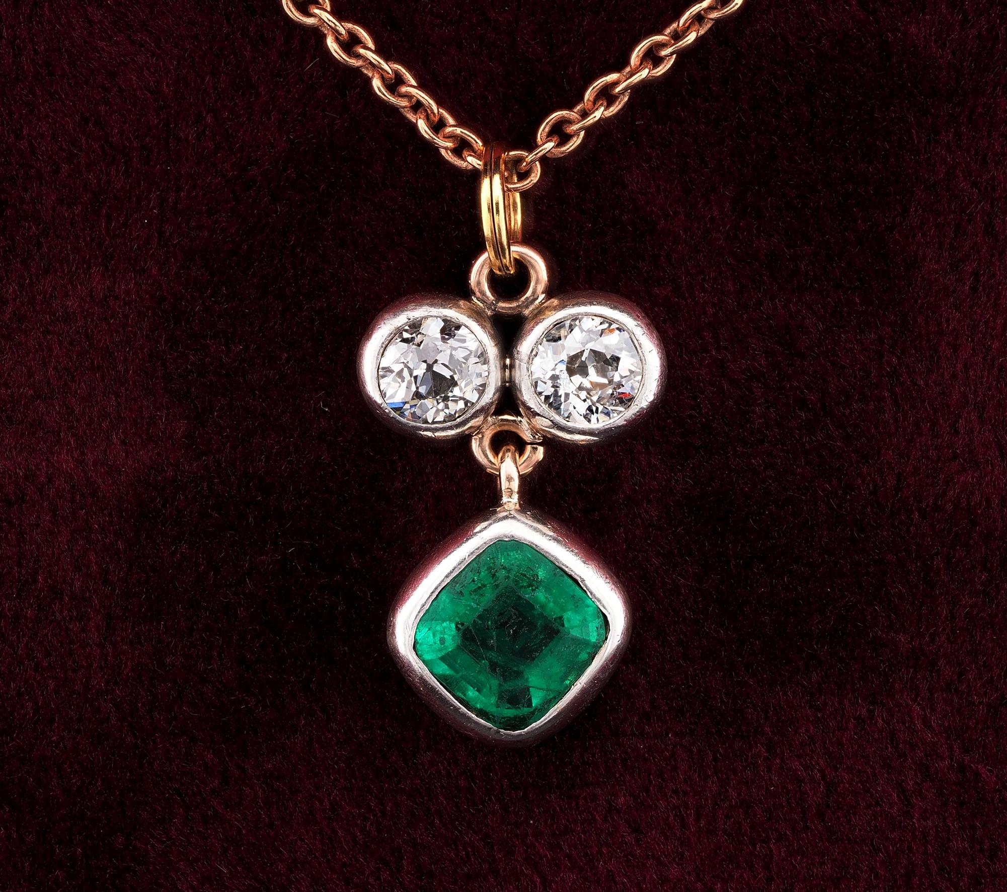 Victorian Marvel
This quite spectacular Victorian period pendant is composed by three stones, each individually collect set, 1880 ca
Gorgeously hand crafted in a trilogy version of solid 18 KT gold topped by silver
Set with a fine 1.15 Ct (6.6 x 6.3