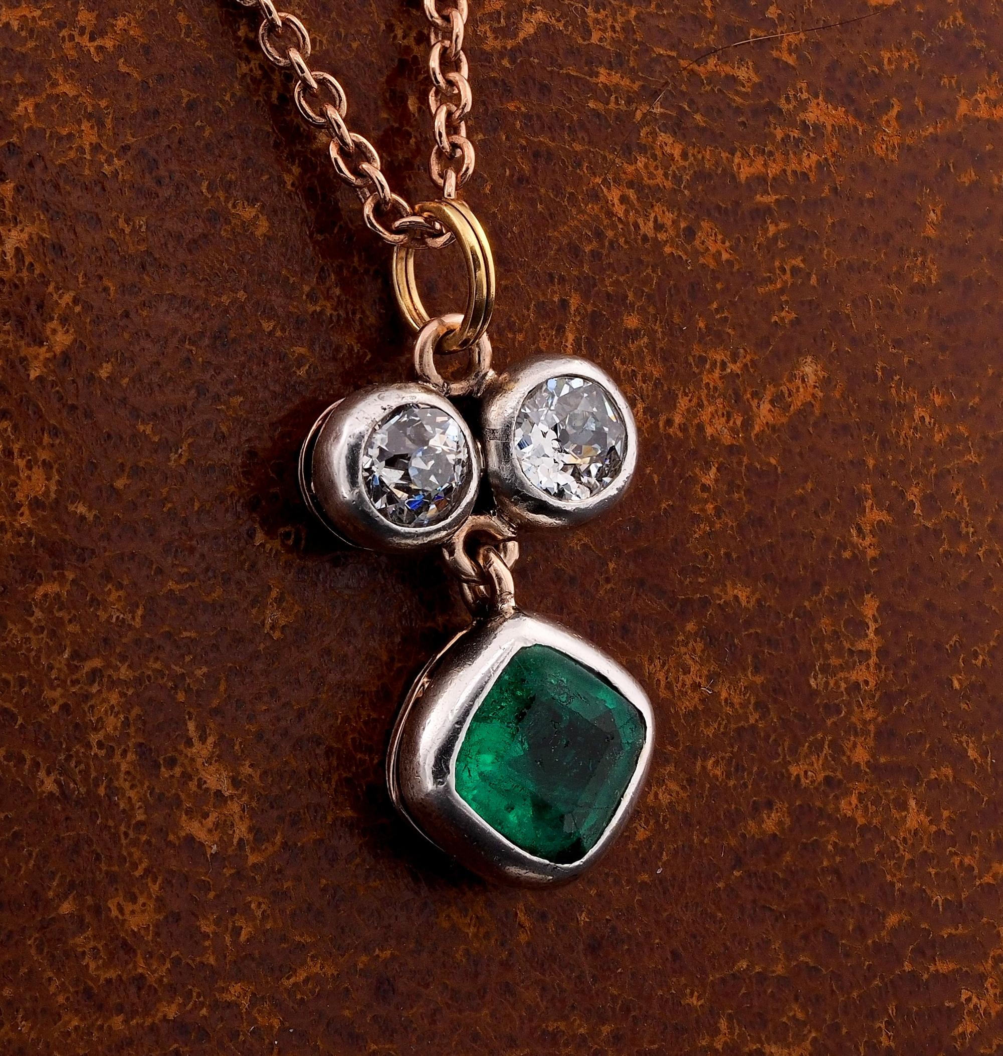 Old Mine Cut Victorian 1.15 Ct Colombian Emerald ..80 Ct Old Mine Diamond Three Stone pendant For Sale
