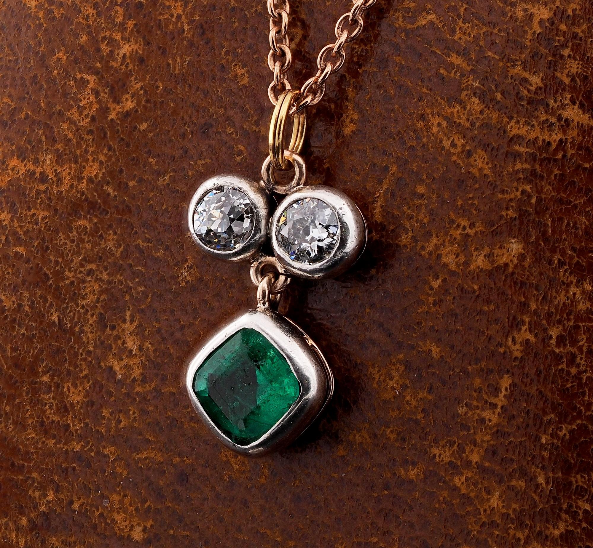 Women's or Men's Victorian 1.15 Ct Colombian Emerald ..80 Ct Old Mine Diamond Three Stone pendant For Sale