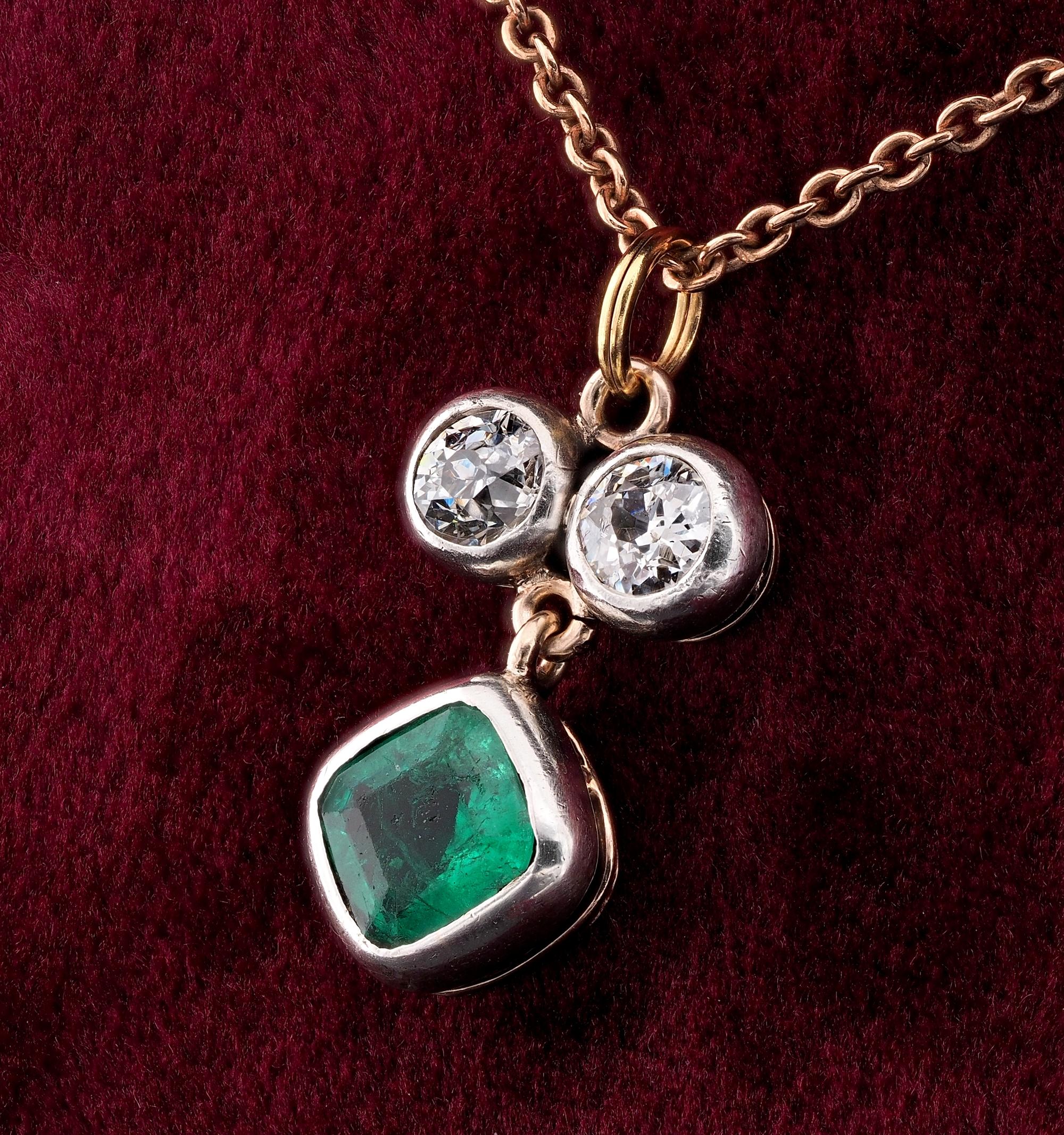 Victorian 1.15 Ct Colombian Emerald ..80 Ct Old Mine Diamond Three Stone pendant For Sale 1