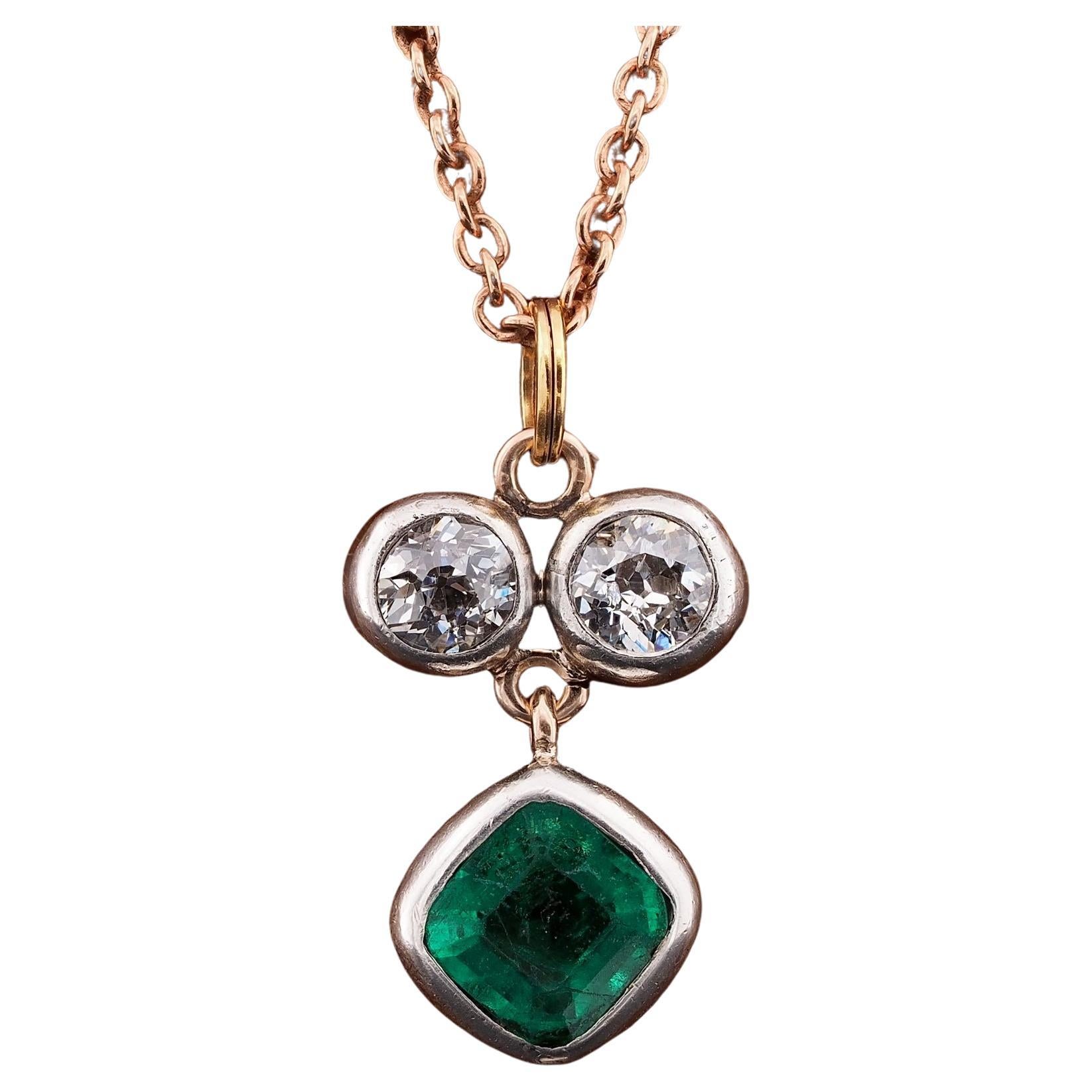 Victorian 1.15 Ct Colombian Emerald ..80 Ct Old Mine Diamond Three Stone pendant For Sale