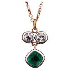 Victorian 1.15 Ct Colombian Emerald ..80 Ct Old Mine Diamond Three Stone pendant