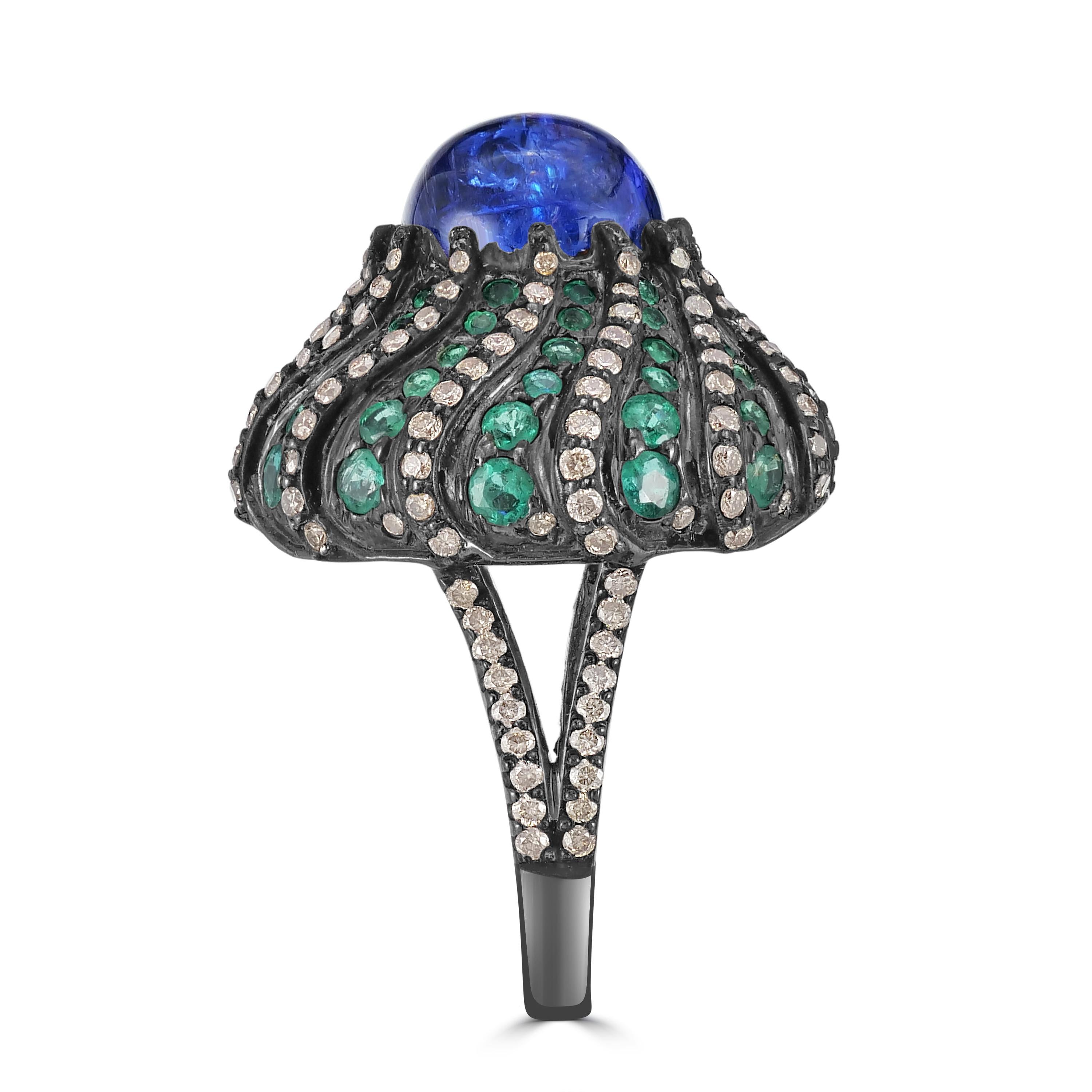 Round Cut Victorian 11.5 Cttw. Tanzanite, Emerald and Diamond Split Shank Dome Ring For Sale