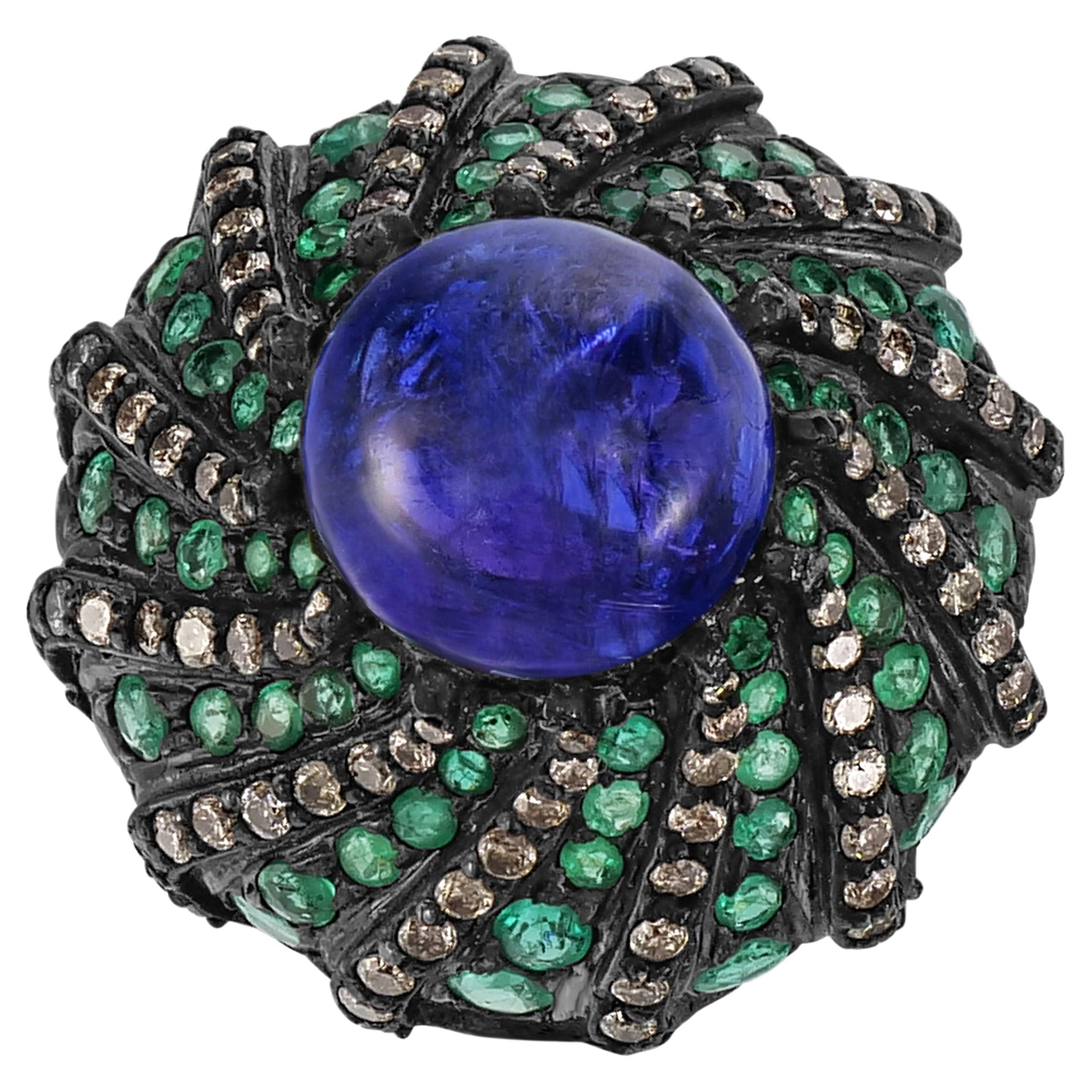 Victorian 11.5 Cttw. Tanzanite, Emerald and Diamond Split Shank Dome Ring