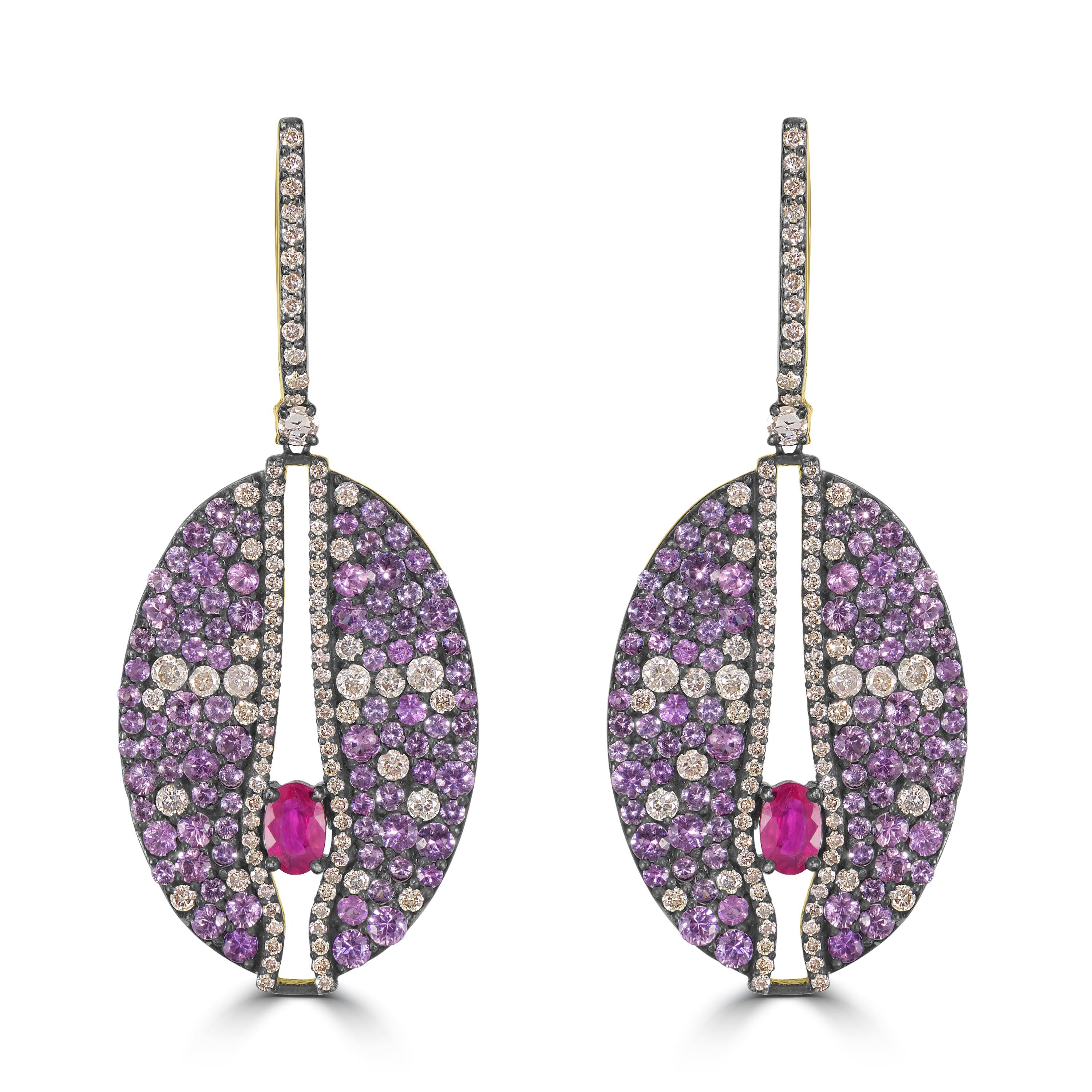 Victorian 11.59 Cttw. Ruby, Pink Sapphire and Diamond Dangle Earrings  In New Condition For Sale In New York, NY