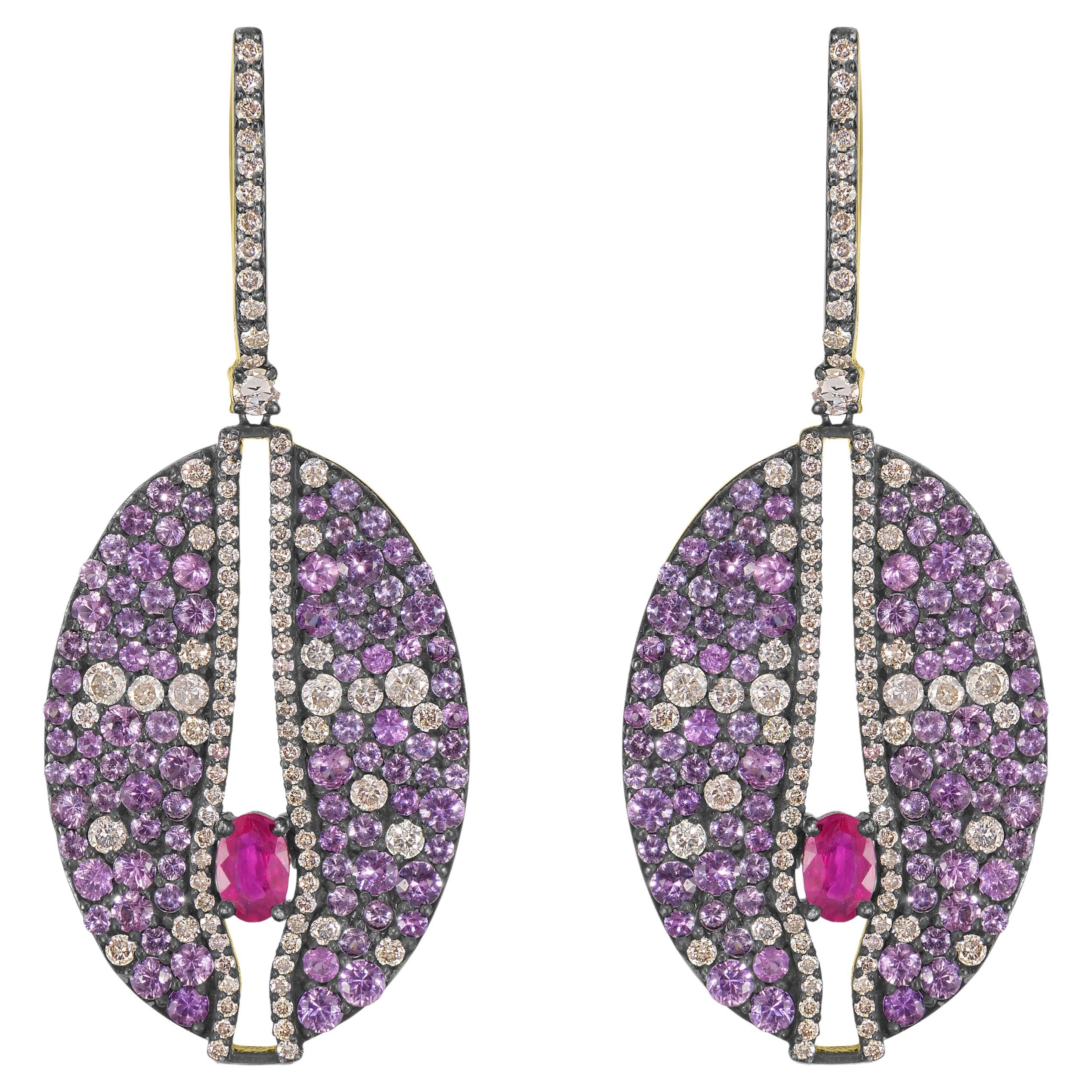 Victorian 11.59 ct. pt. Boucles d'oreilles pendantes en rubis, saphir rose et diamant 