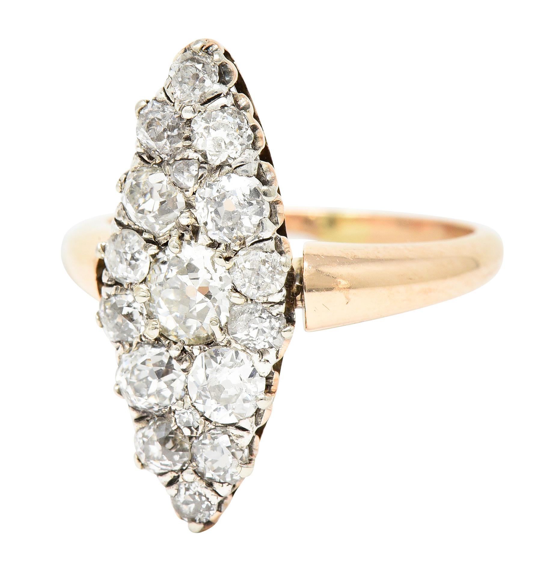  Bague victorienne en or rose 14 carats avec diamant taille européenne ancienne de 1,16 carat surmonté de platine Unisexe 