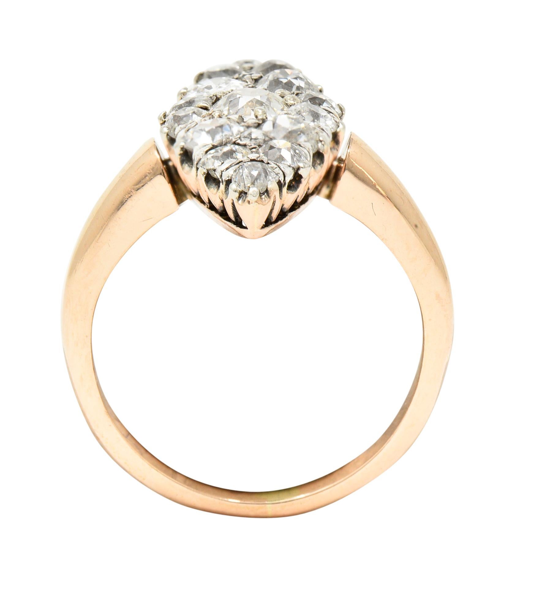 Bague victorienne en or rose 14 carats avec diamant taille européenne ancienne de 1,16 carat surmonté de platine 1