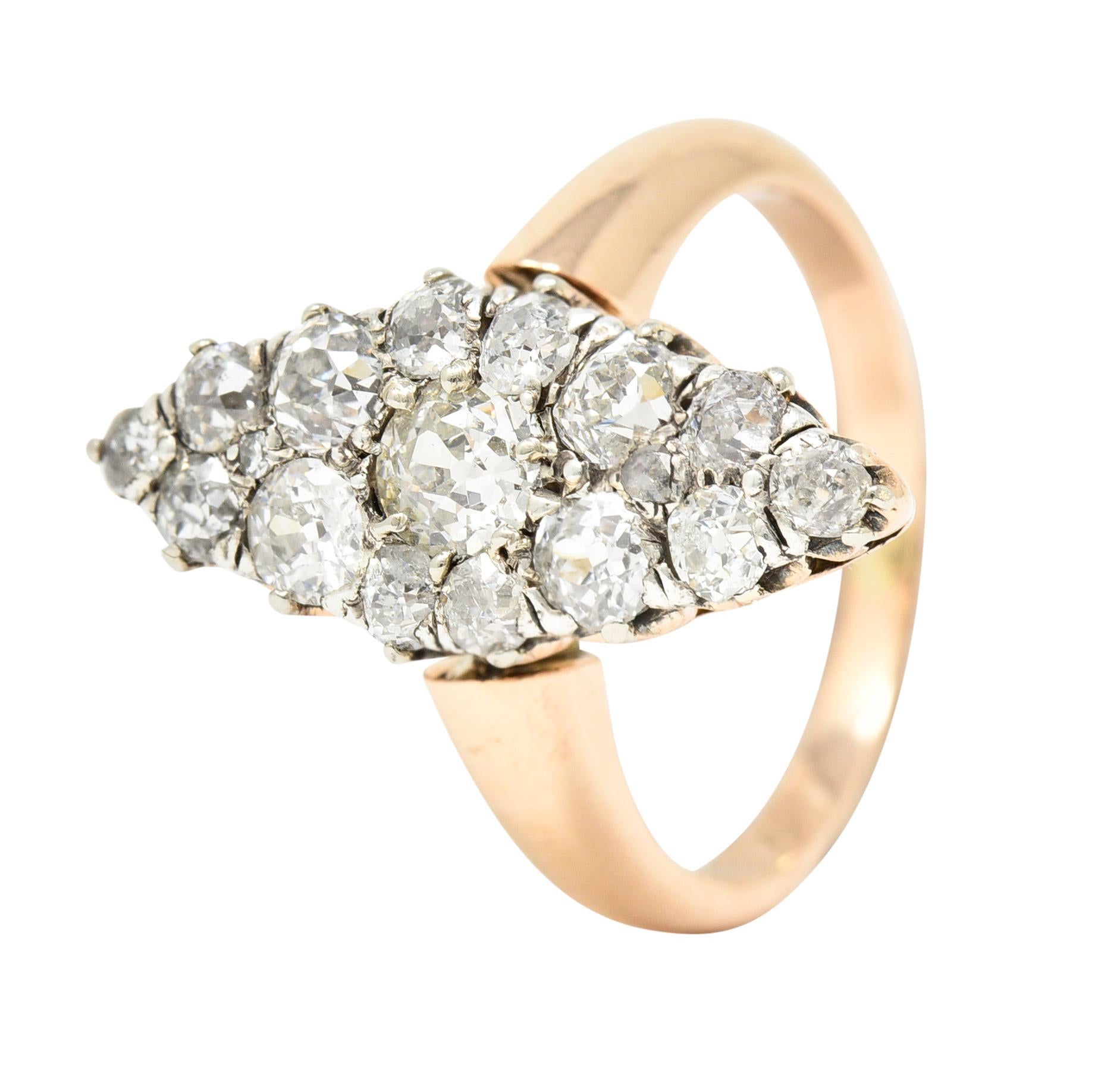 Bague victorienne en or rose 14 carats avec diamant taille européenne ancienne de 1,16 carat surmonté de platine 2