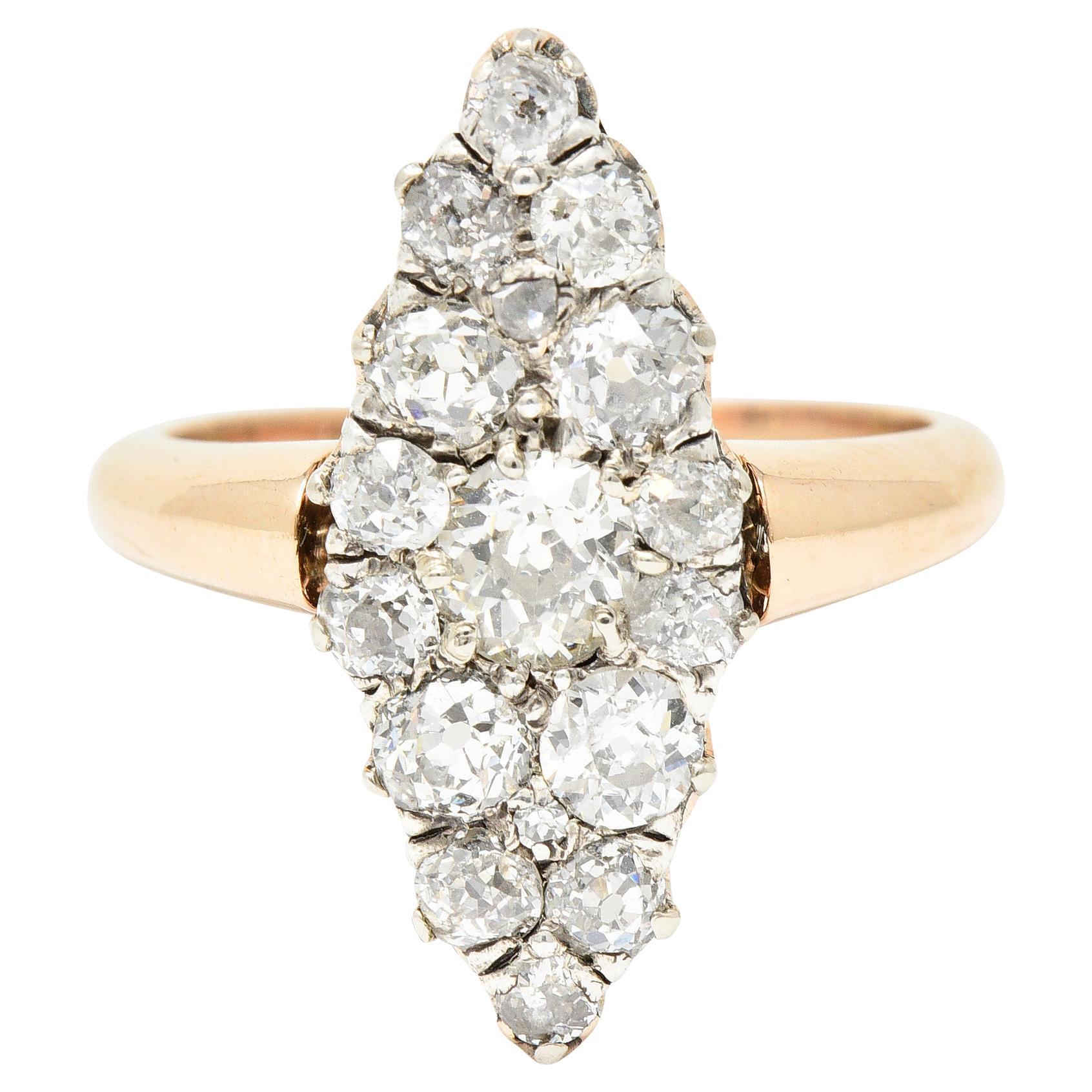 Bague victorienne en or rose 14 carats avec diamant taille européenne ancienne de 1,16 carat surmonté de platine