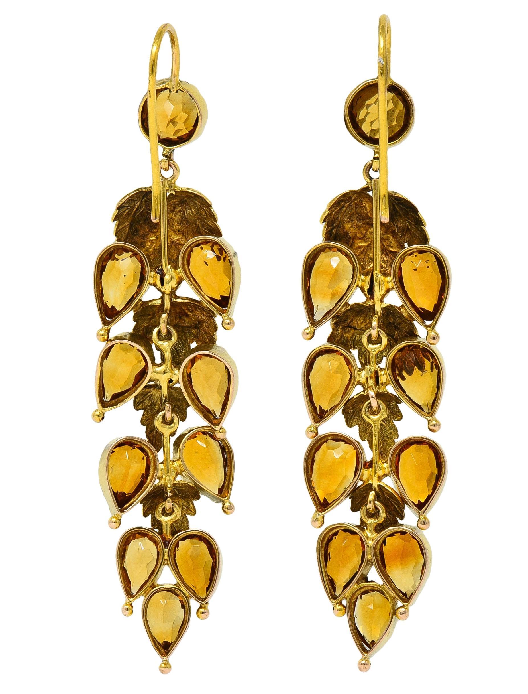 Victorian 11.60 CTW Citrine 14 Karat Yellow Gold Antique Foliate Drop Earrings In Excellent Condition For Sale In Philadelphia, PA