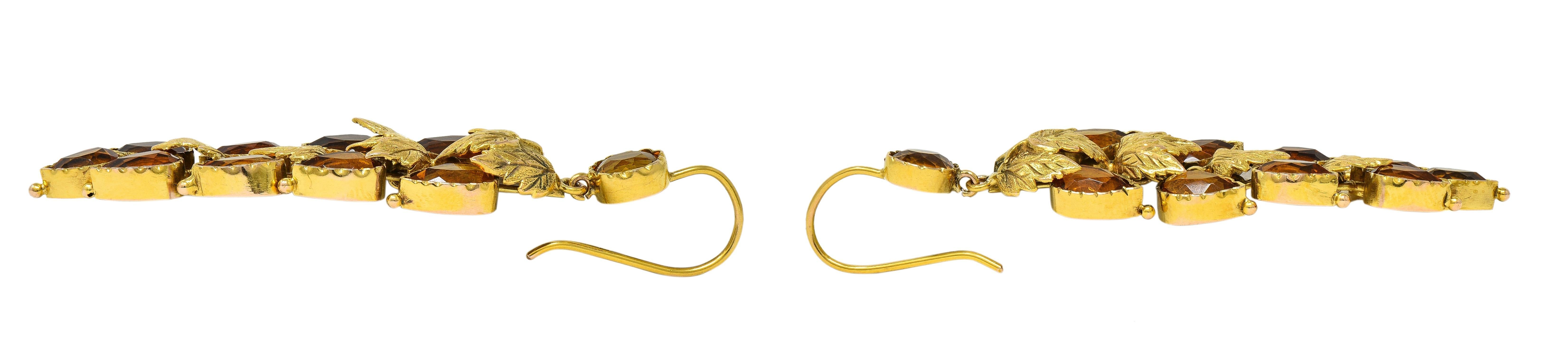 Women's or Men's Victorian 11.60 CTW Citrine 14 Karat Yellow Gold Antique Foliate Drop Earrings For Sale