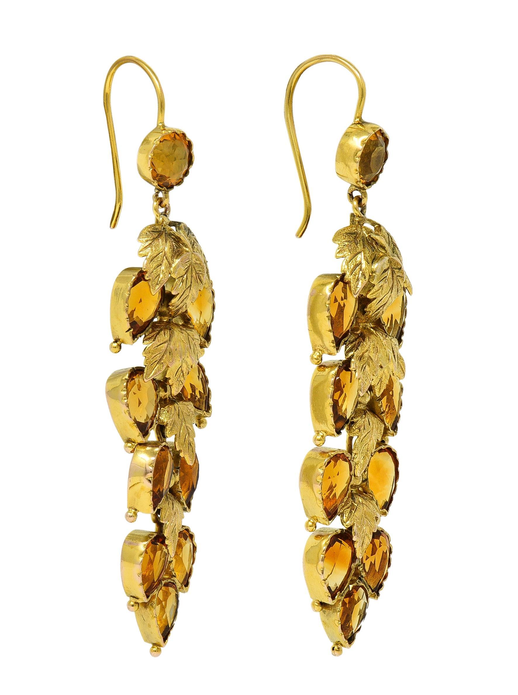 Victorian 11.60 CTW Citrine 14 Karat Yellow Gold Antique Foliate Drop Earrings For Sale 1
