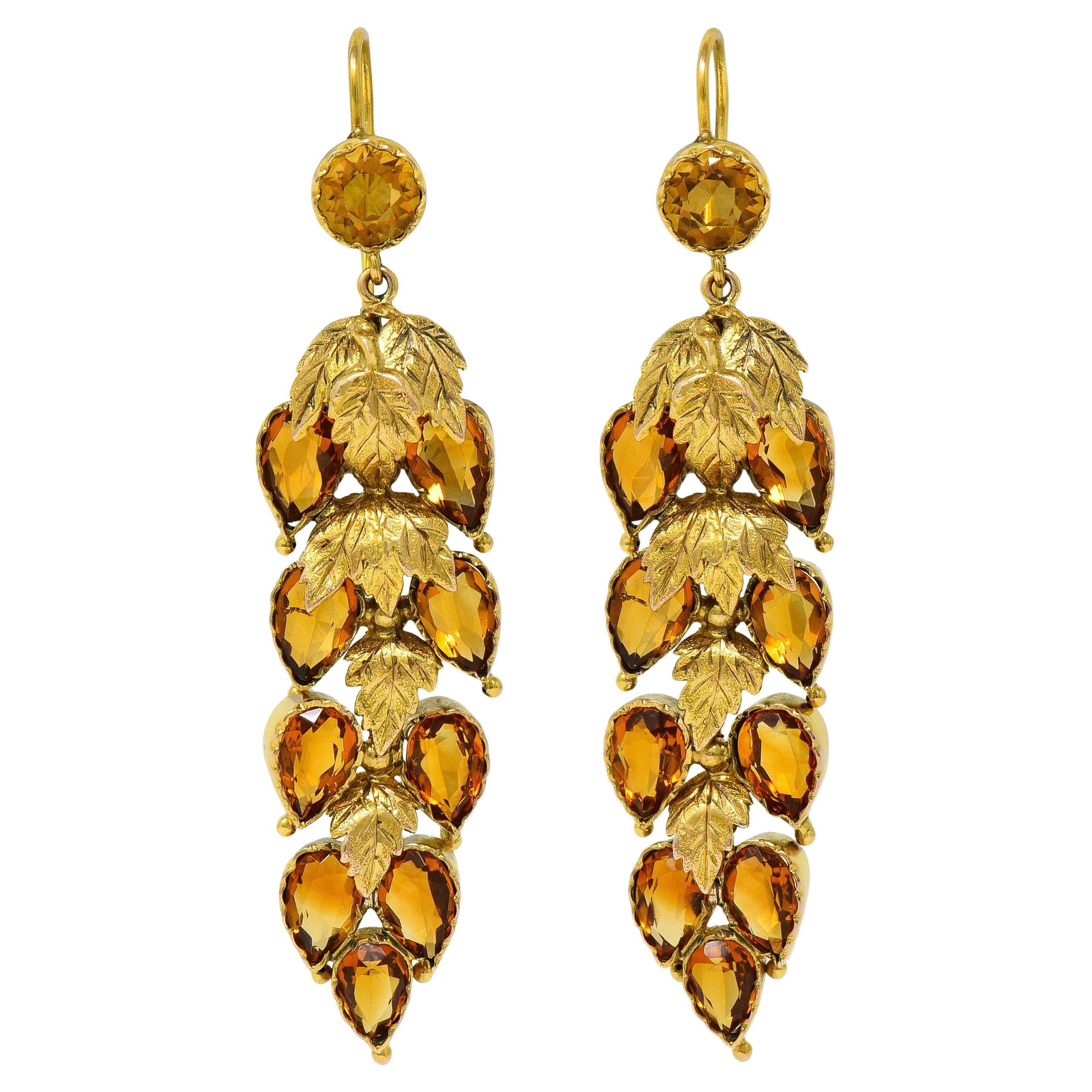 Victorian 11.60 CTW Citrine 14 Karat Yellow Gold Antique Foliate Drop Earrings For Sale