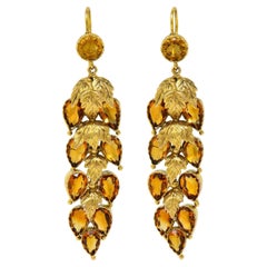 Victorian 11.60 CTW Citrine 14 Karat Yellow Gold Antique Foliate Drop Earrings