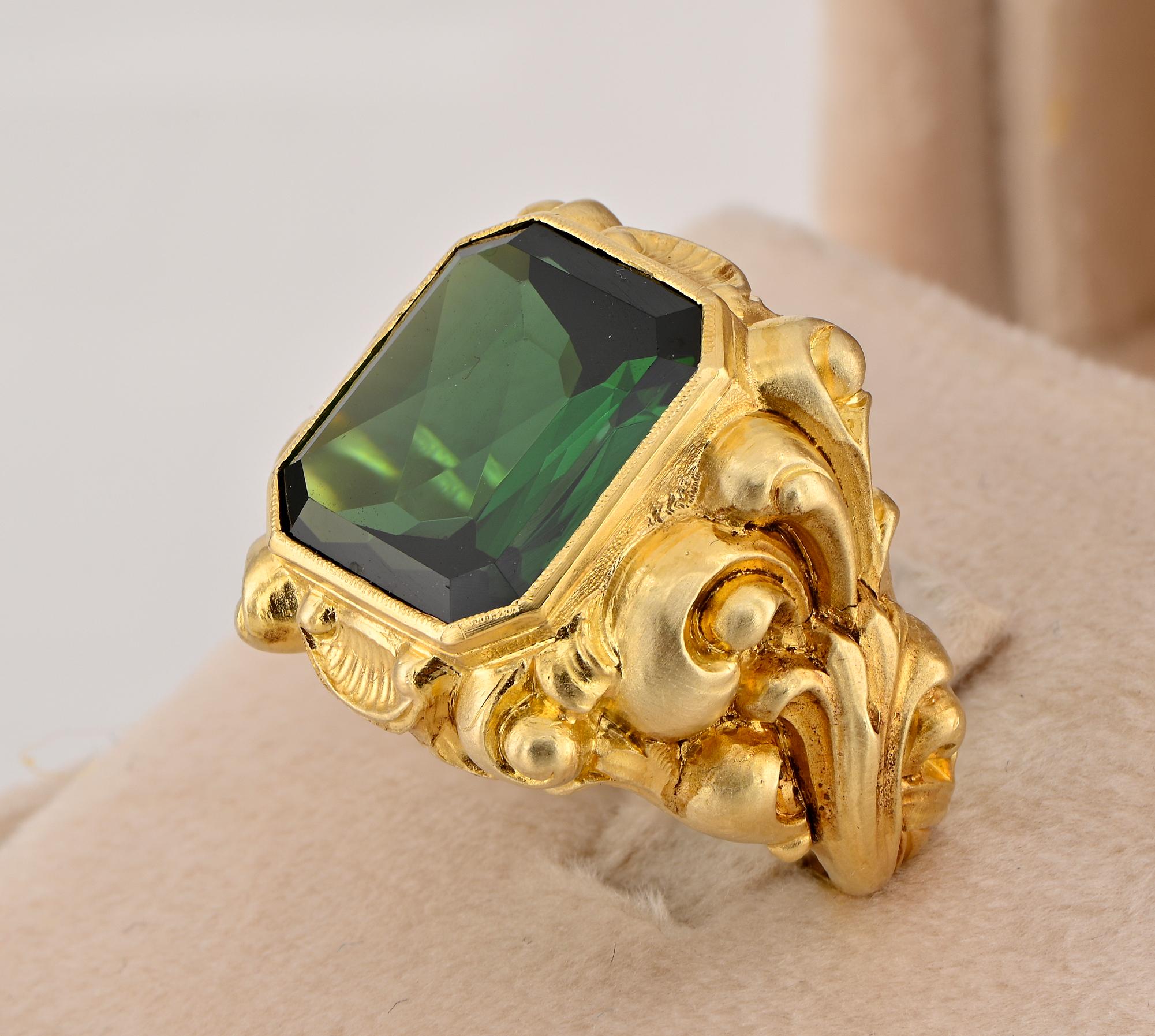 Late Victorian Victorian 11.70 Ct Natural Green Tourmaline Carved Bishop ring