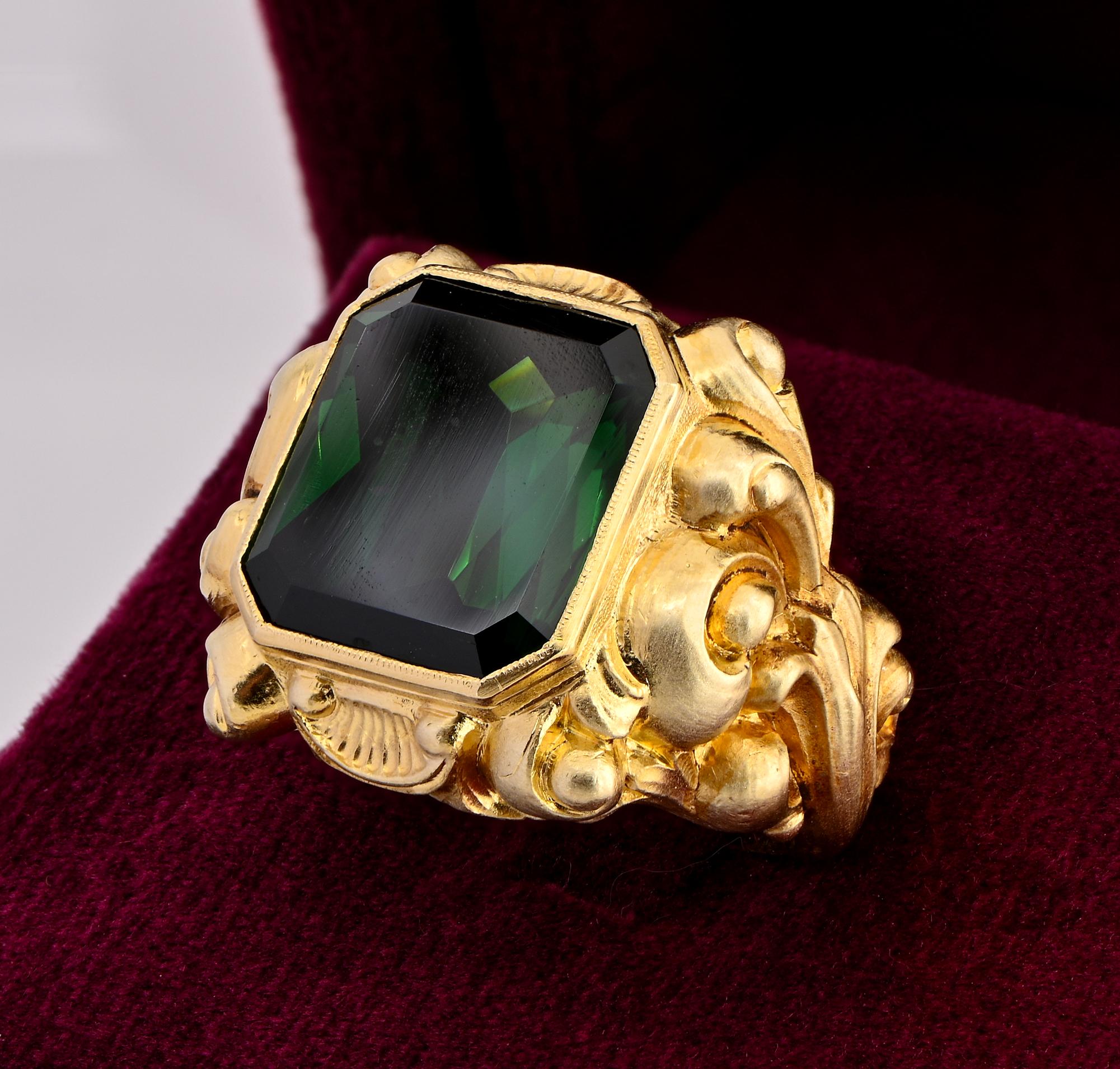 Emerald Cut Victorian 11.70 Ct Natural Green Tourmaline Carved Bishop ring
