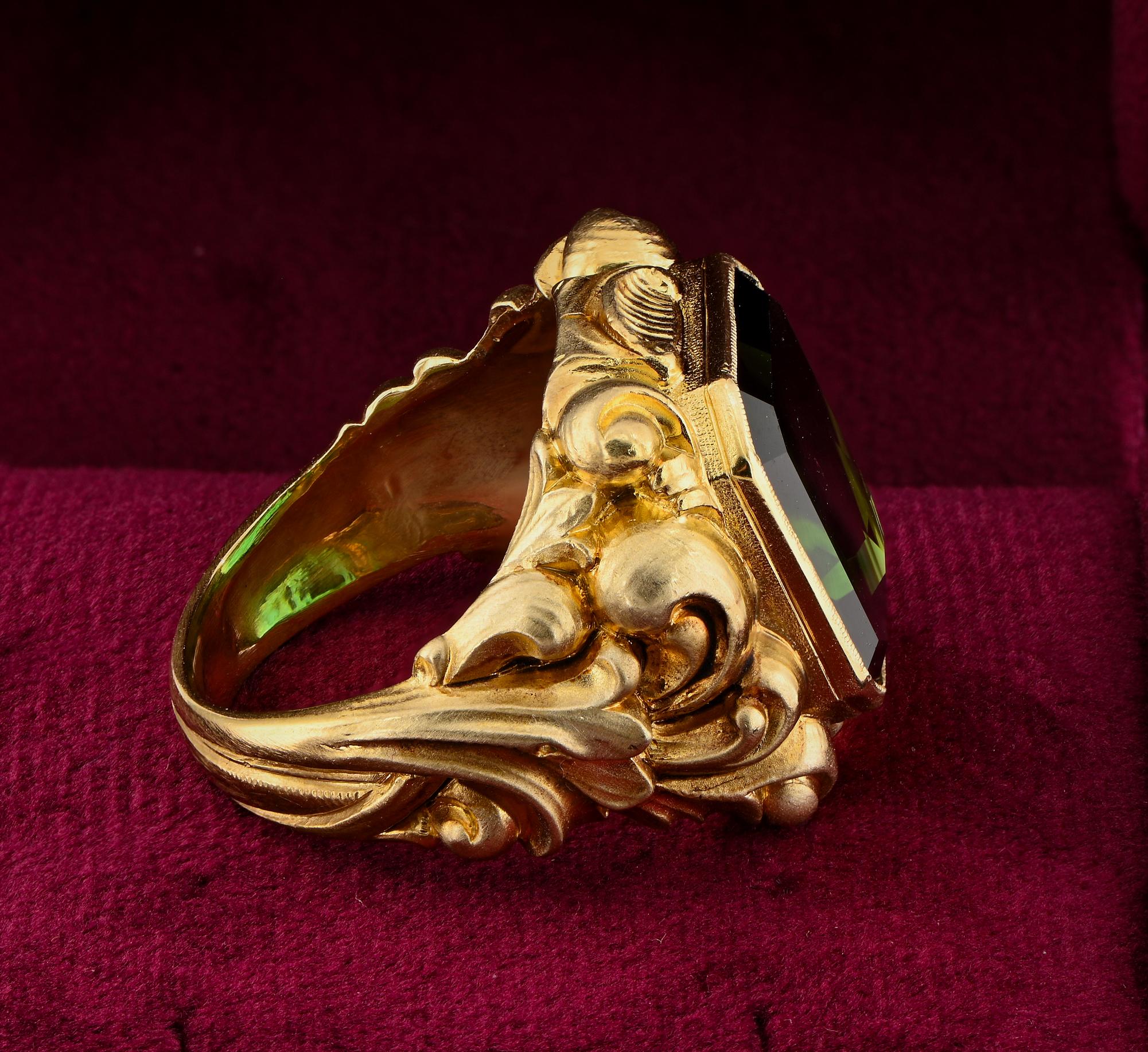 Women's or Men's Victorian 11.70 Ct Natural Green Tourmaline Carved Bishop ring