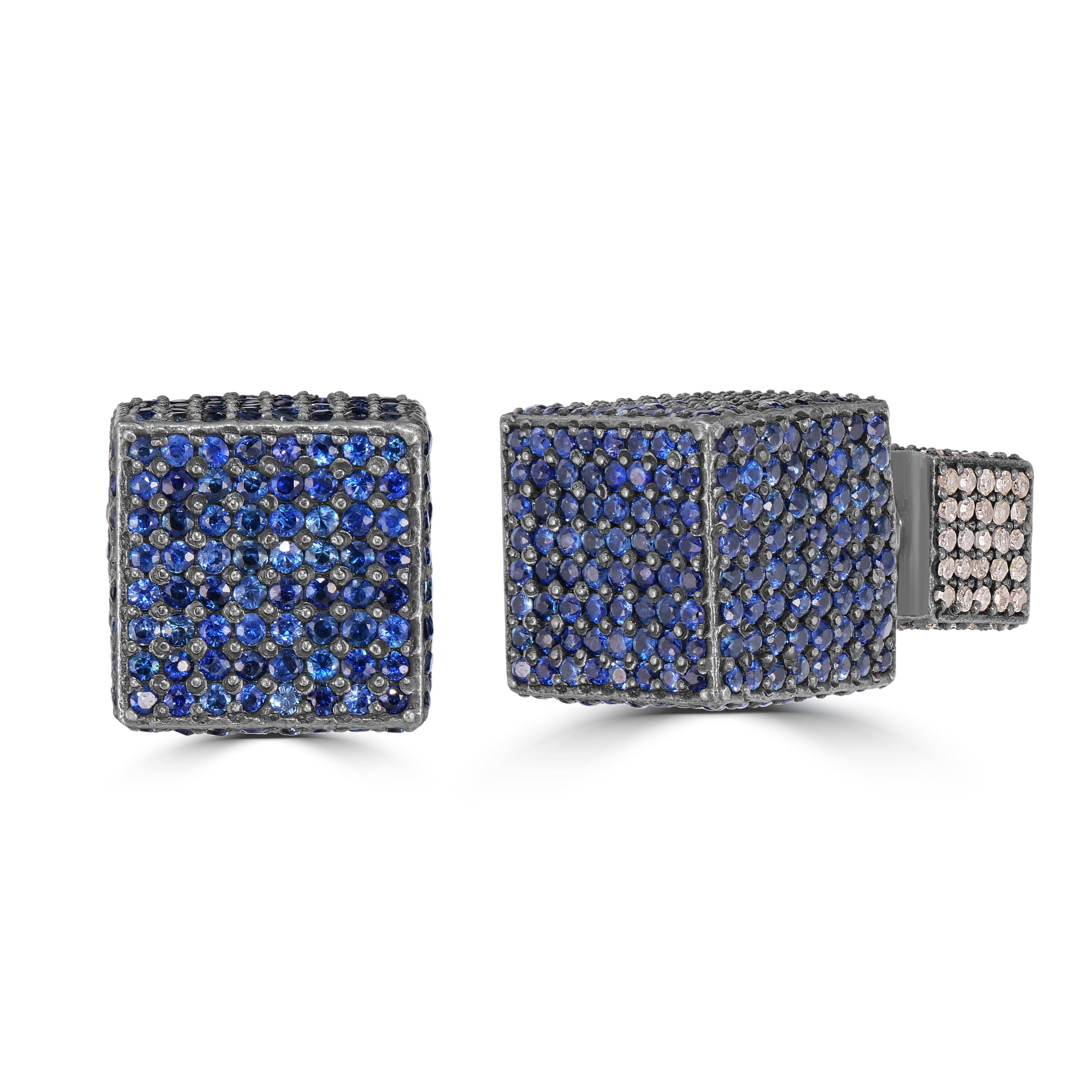 Round Cut Victorian 11.8 Cttw. Blue Sapphire and Diamond Double Dice Stud Earrings  For Sale