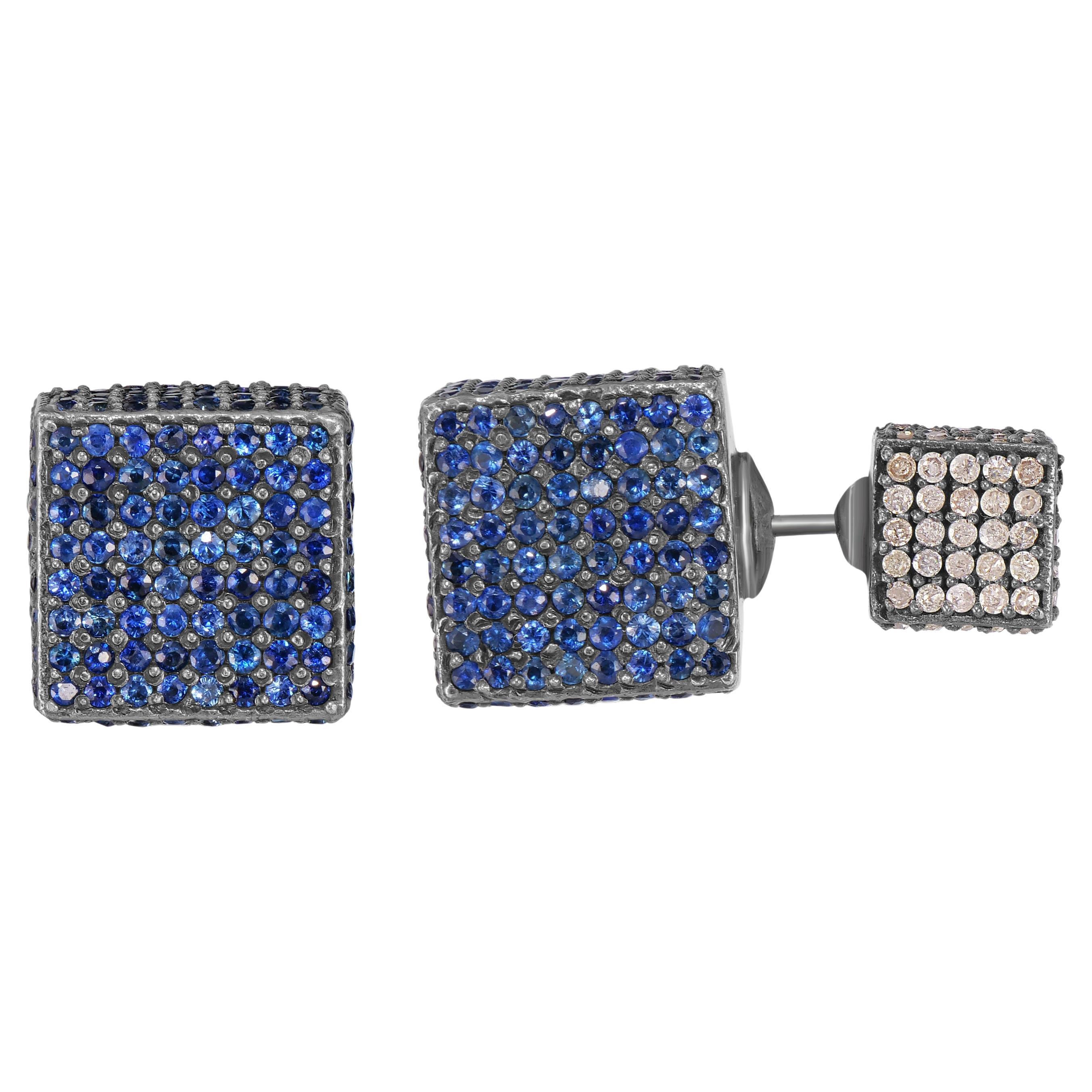 Victorian 11.8 Cttw. Blue Sapphire and Diamond Double Dice Stud Earrings  For Sale