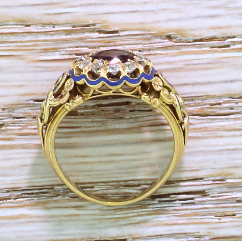 Women's Victorian 1.19 Carat Garnet, Old Cut Diamond and Blue Enamel Cluster Ring For Sale