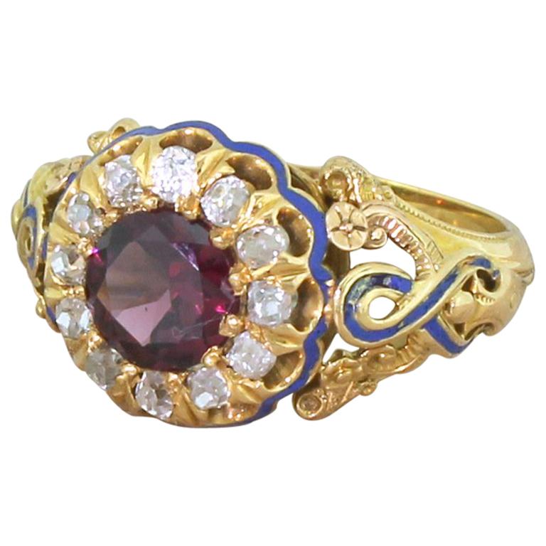 Victorian 1.19 Carat Garnet, Old Cut Diamond and Blue Enamel Cluster Ring For Sale