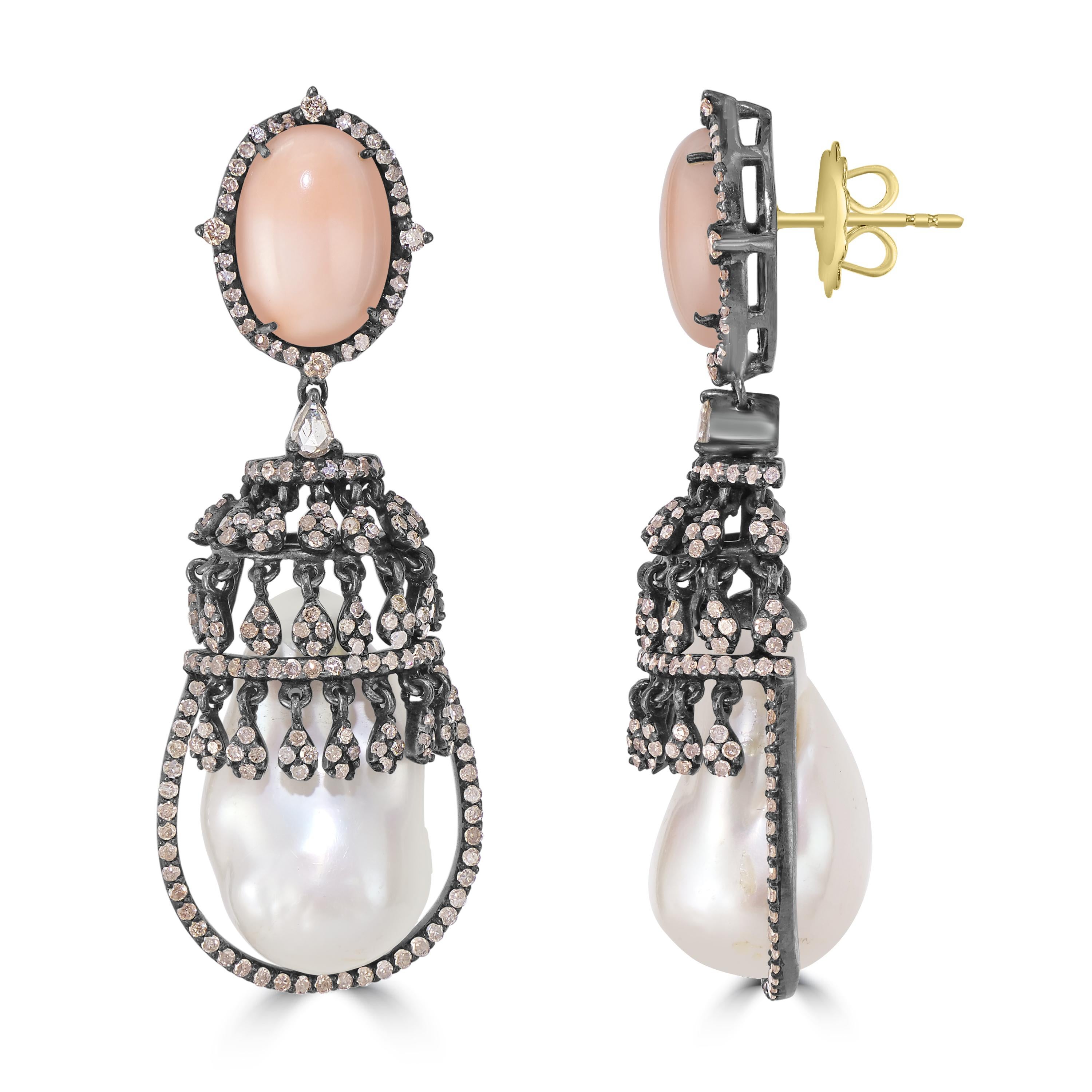 Oval Cut Victorian 12 Cttw. Peach Coral and Diamond and Pearl Drop Earrings 
