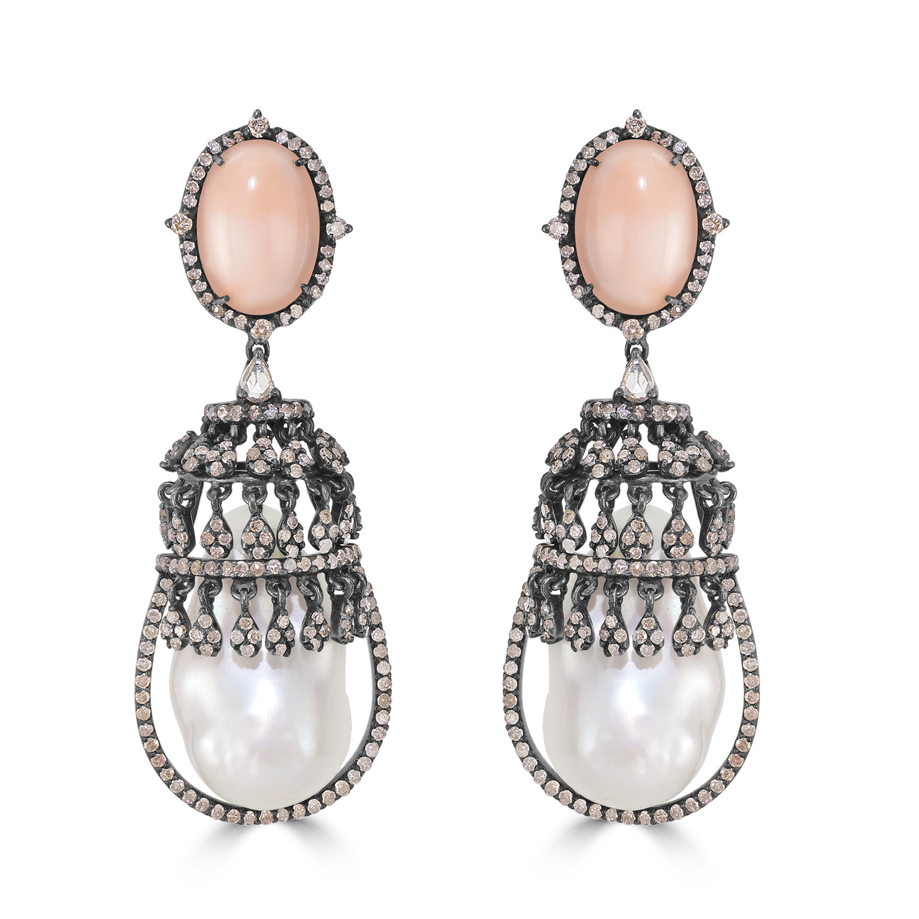 Victorian 12 Cttw. Peach Coral and Diamond and Pearl Drop Earrings  In New Condition In New York, NY